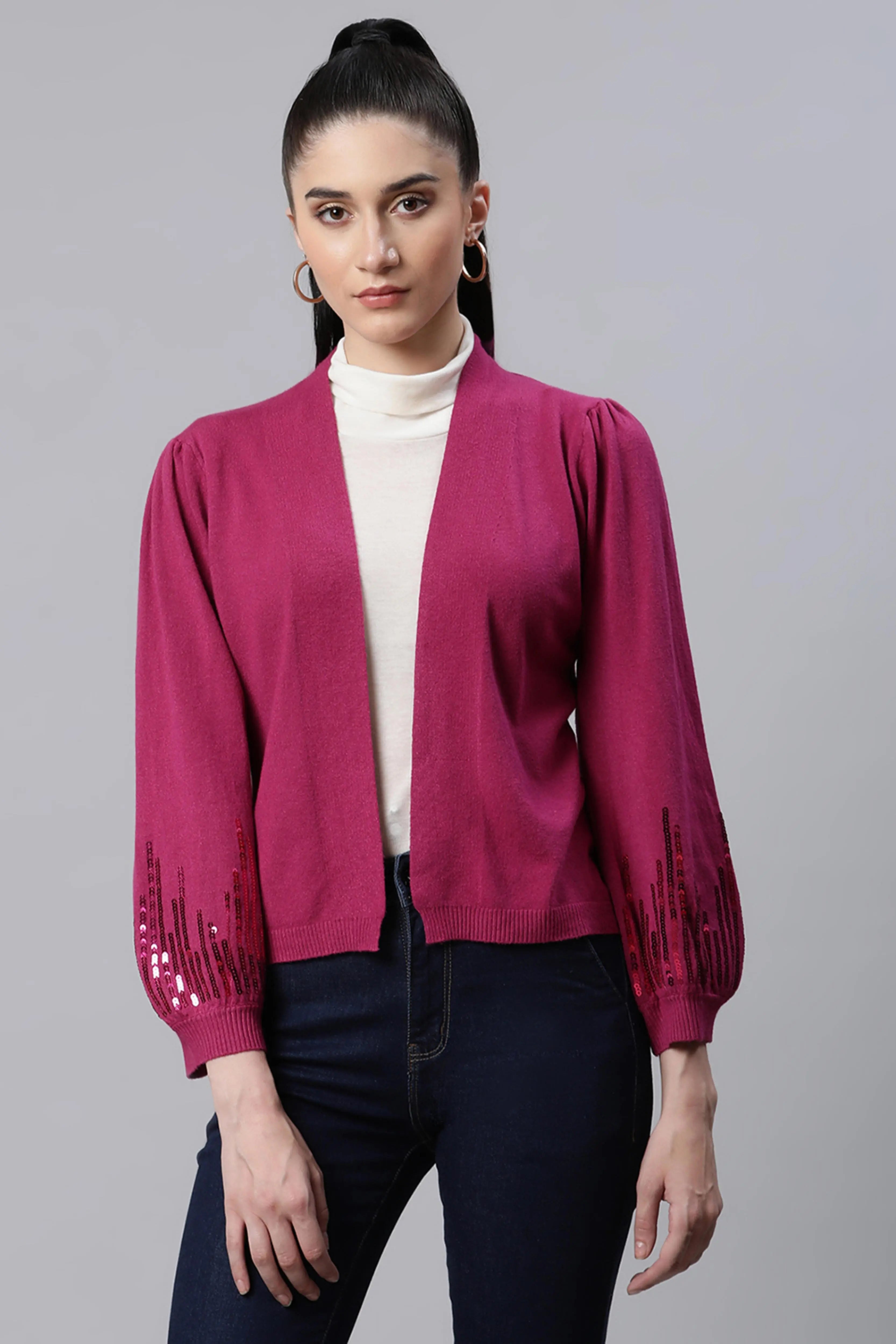 Women Embellished Purple Double Jersey Regular Fit Party Shrug
