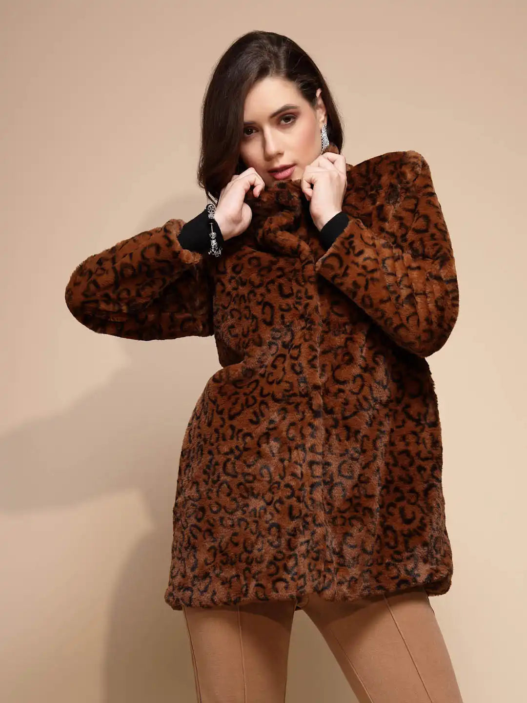 Women's Animal Print Collared Neck Brown Coat