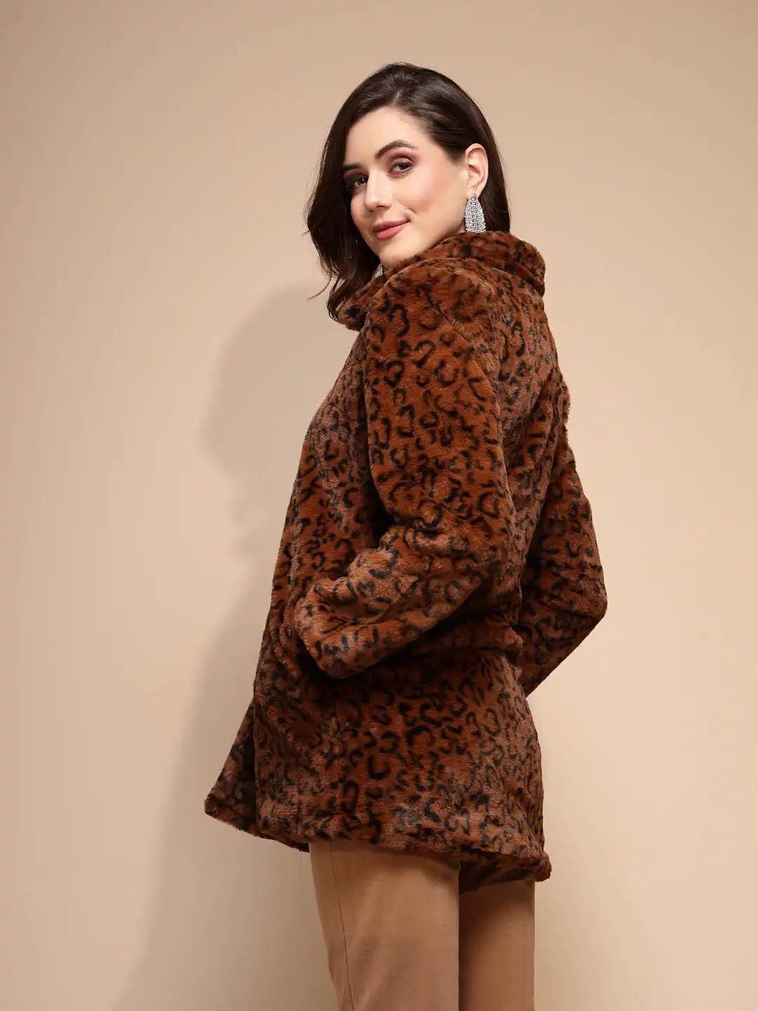 Women's Animal Print Collared Neck Brown Coat