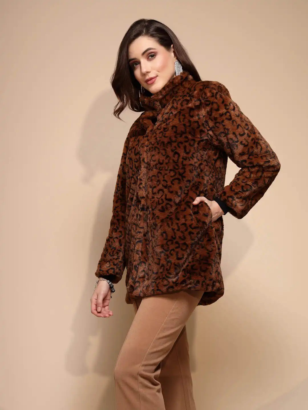 Women's Animal Print Collared Neck Brown Coat