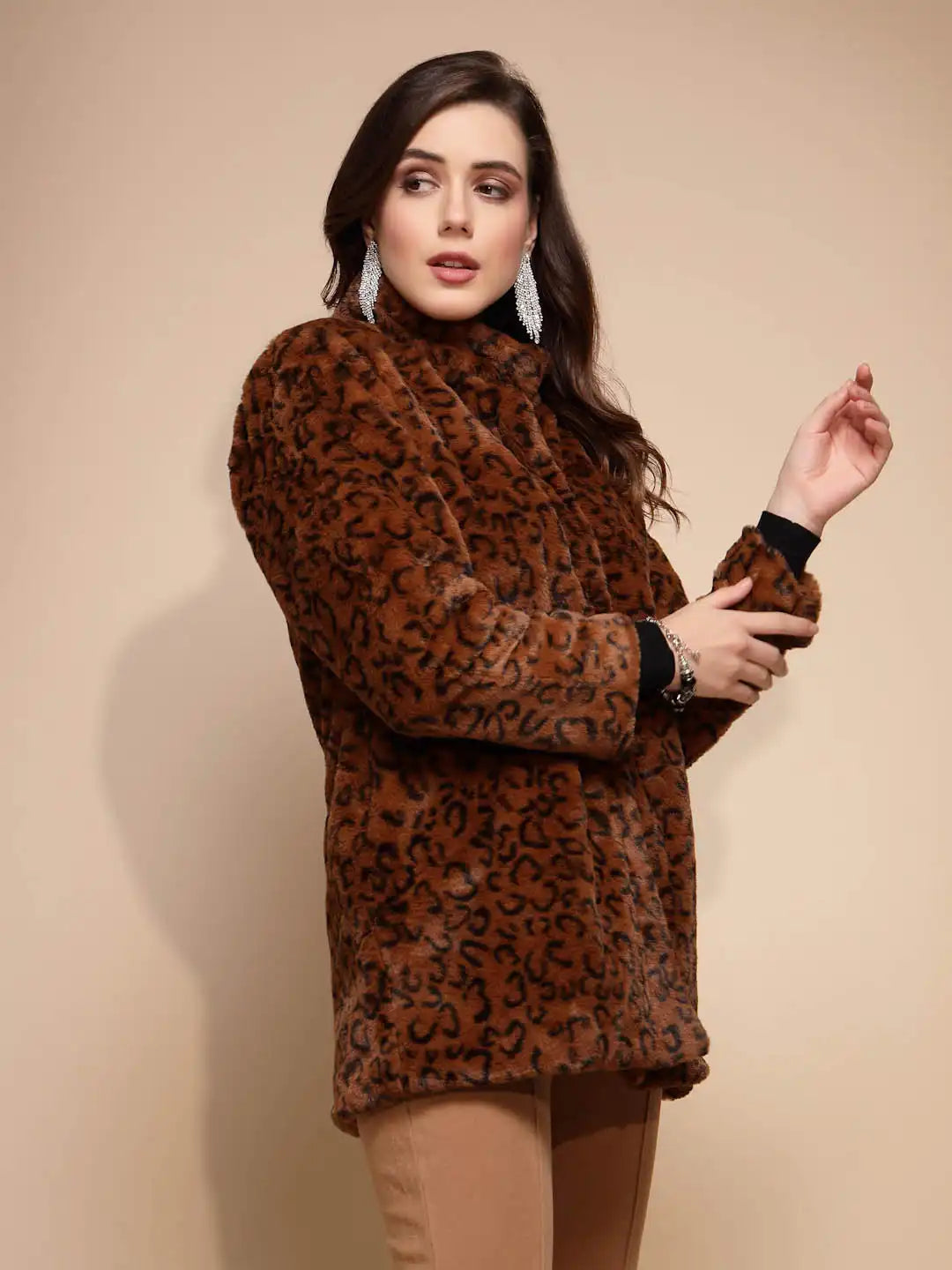 Women's Animal Print Collared Neck Brown Coat