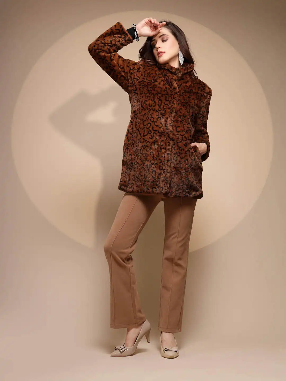 Women's Animal Print Collared Neck Brown Coat