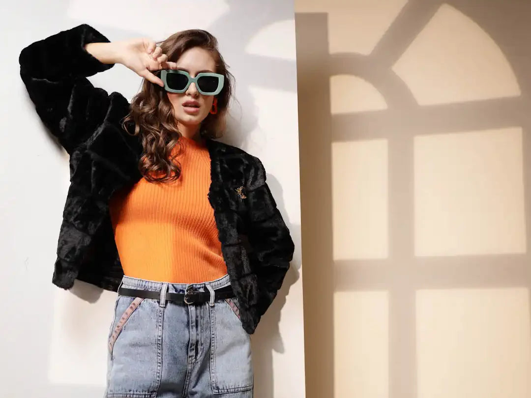 Women's Solid V-Neck Black Jacket - Global Republic