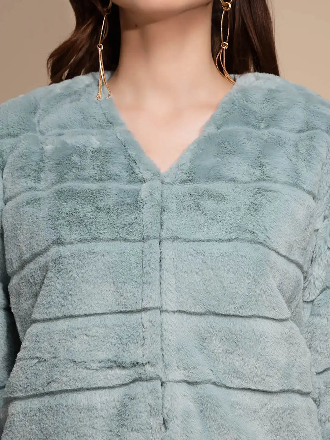 Women's Solid V-Neck Green Jacket - Global Republic