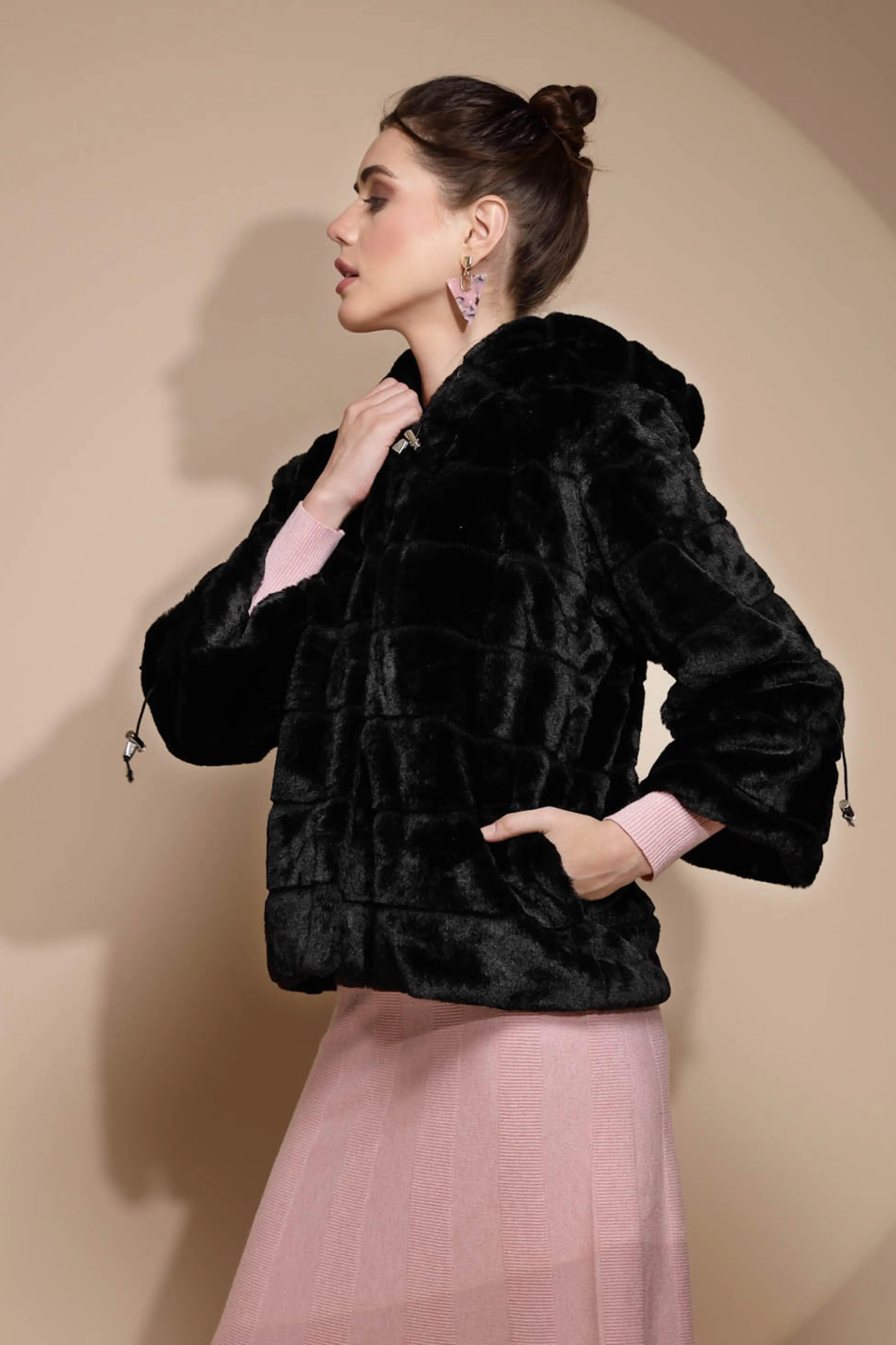 Women's Solid Hooded Black Jacket - Global Republic