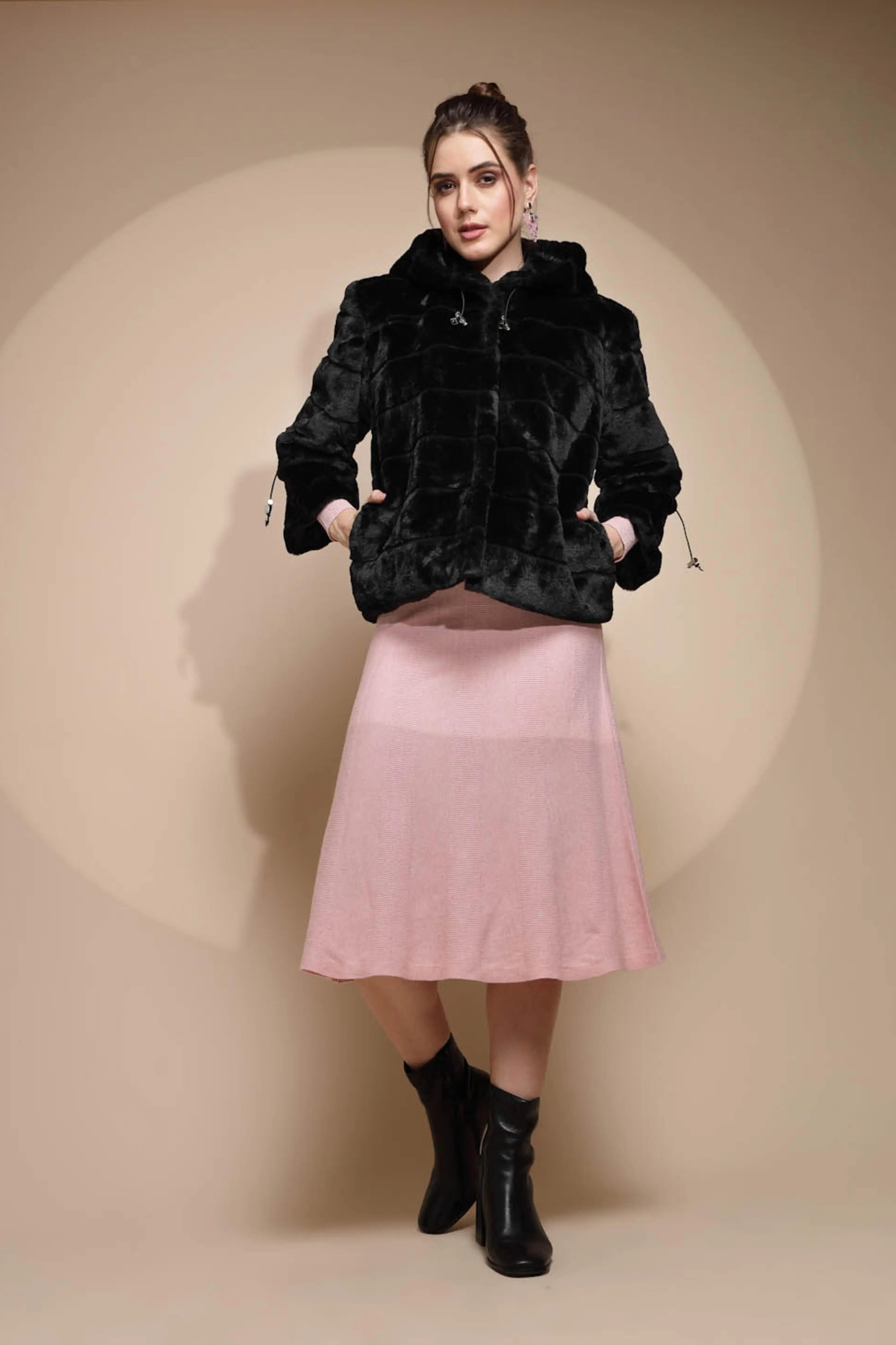 Women's Solid Hooded Black Jacket - Global Republic