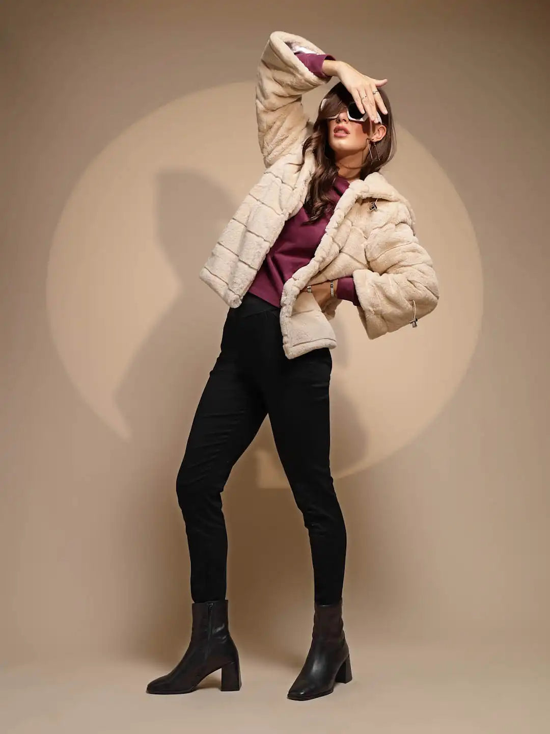 Women's Solid Hooded Beige Jacket - Global Republic