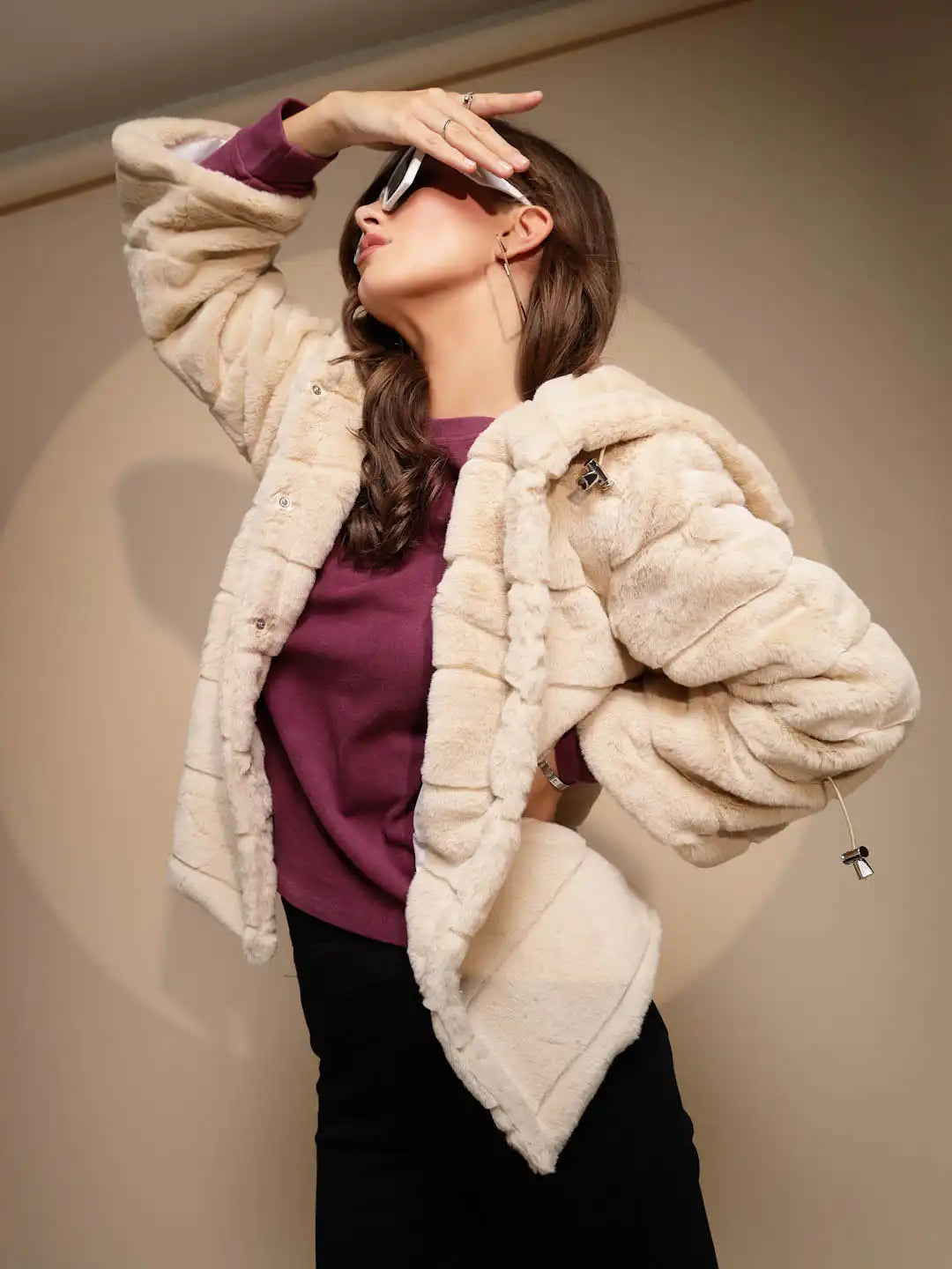 Women's Solid Hooded Beige Jacket - Global Republic