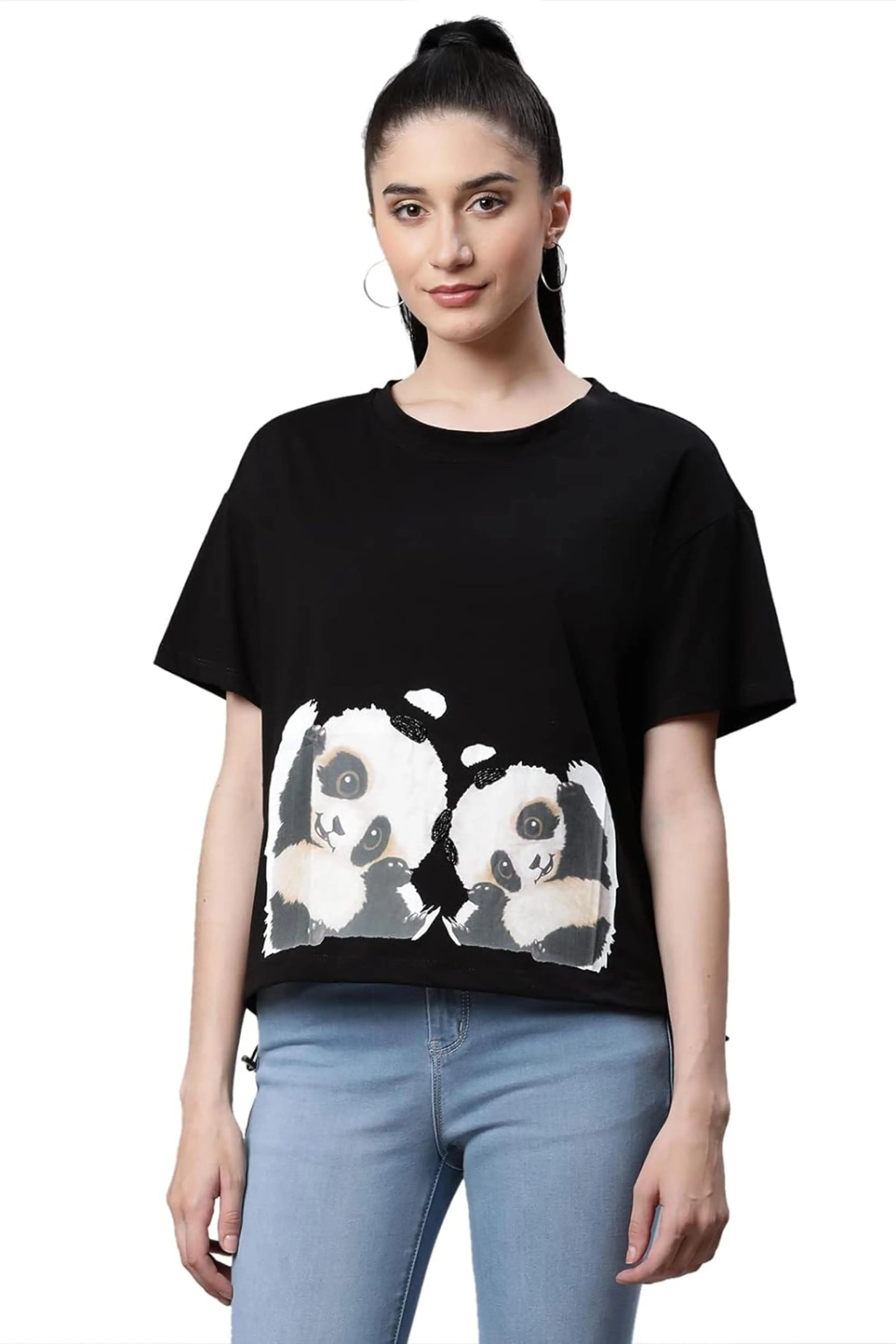 Women  Regular Fit Black Printed Cotton Casual Top - Global Republic