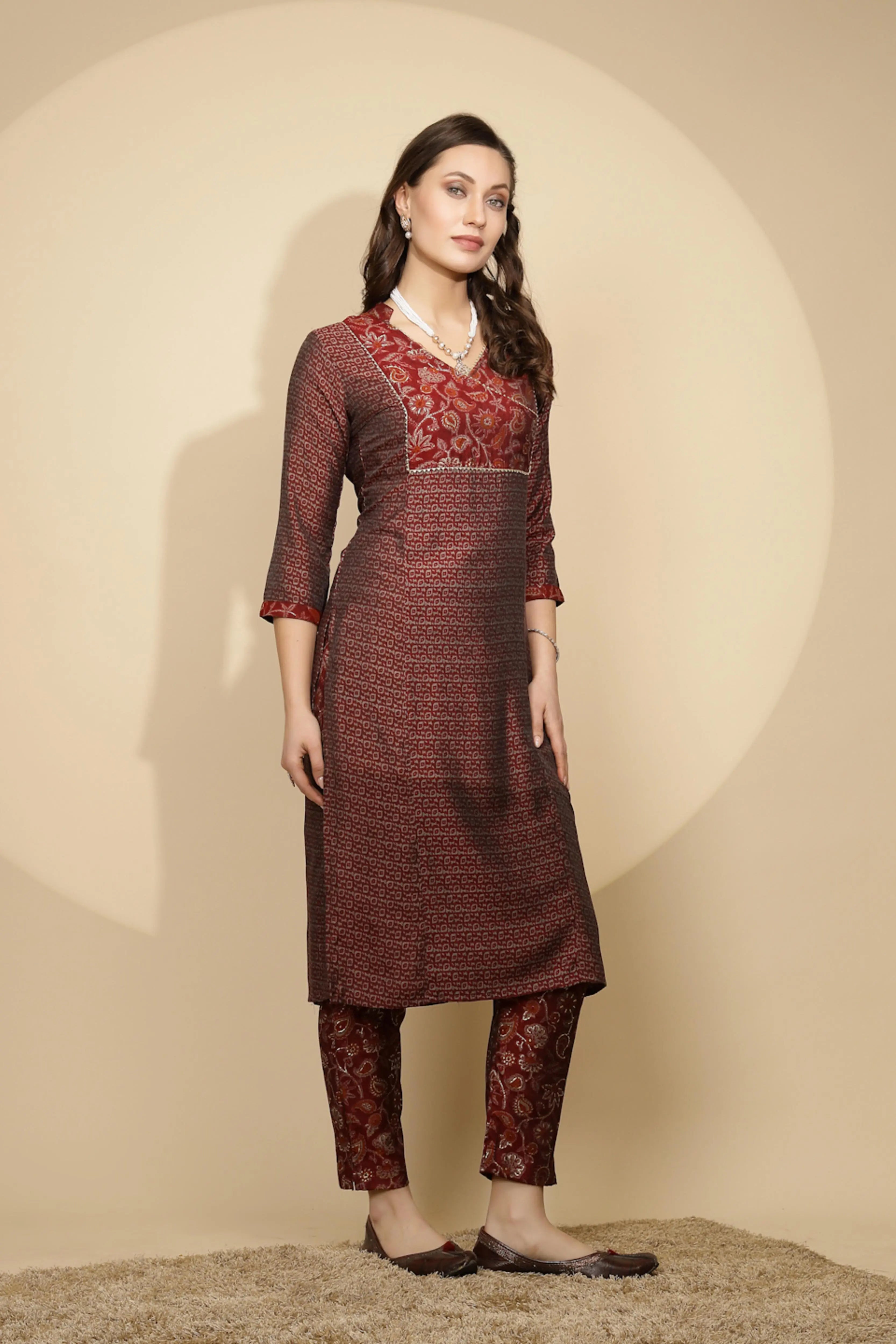 Maroon Rayon Regular Fit Kurta Set For Women - Global Republic