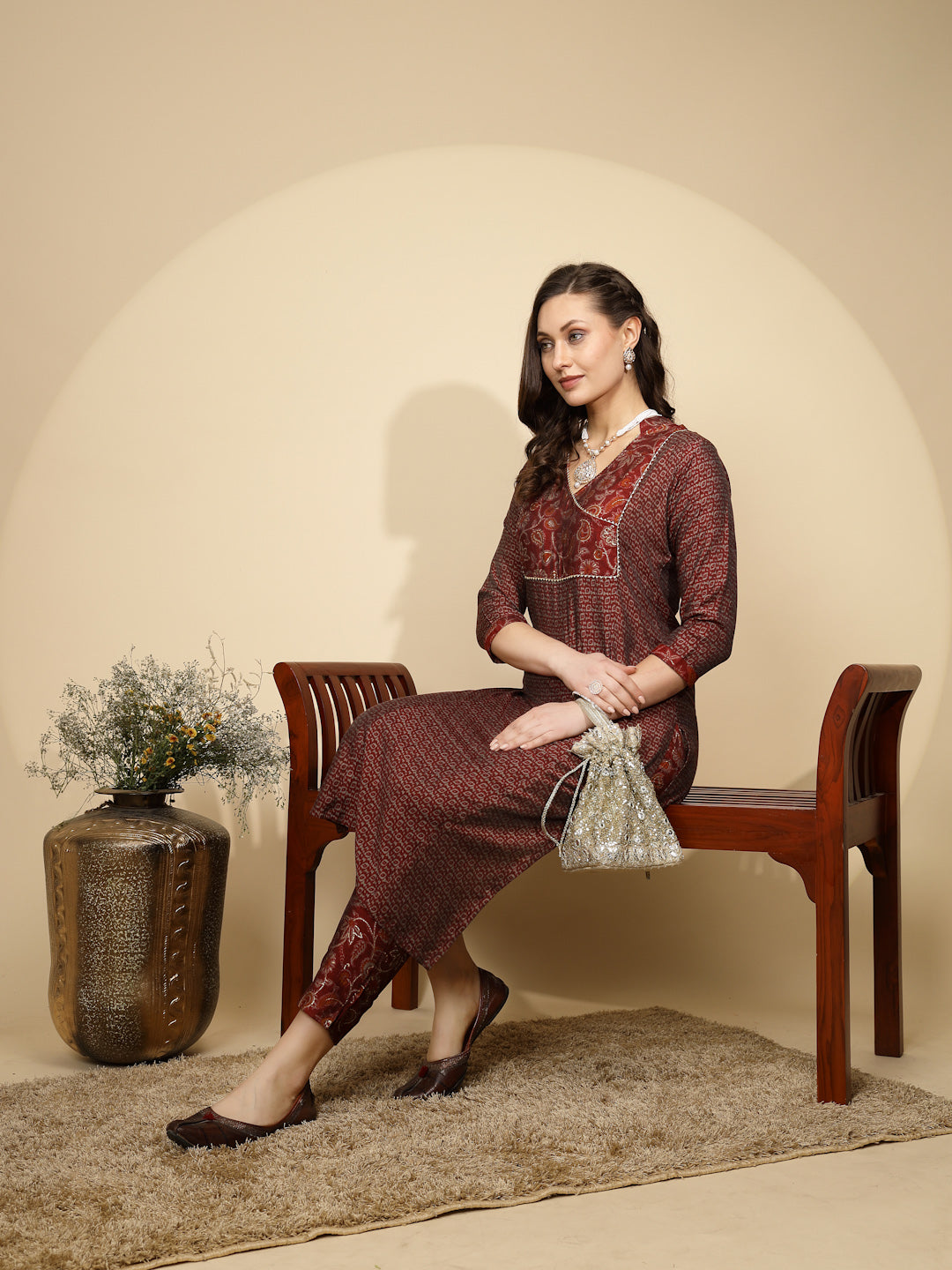 Maroon Rayon Regular Fit Kurta Set For Women - Global Republic