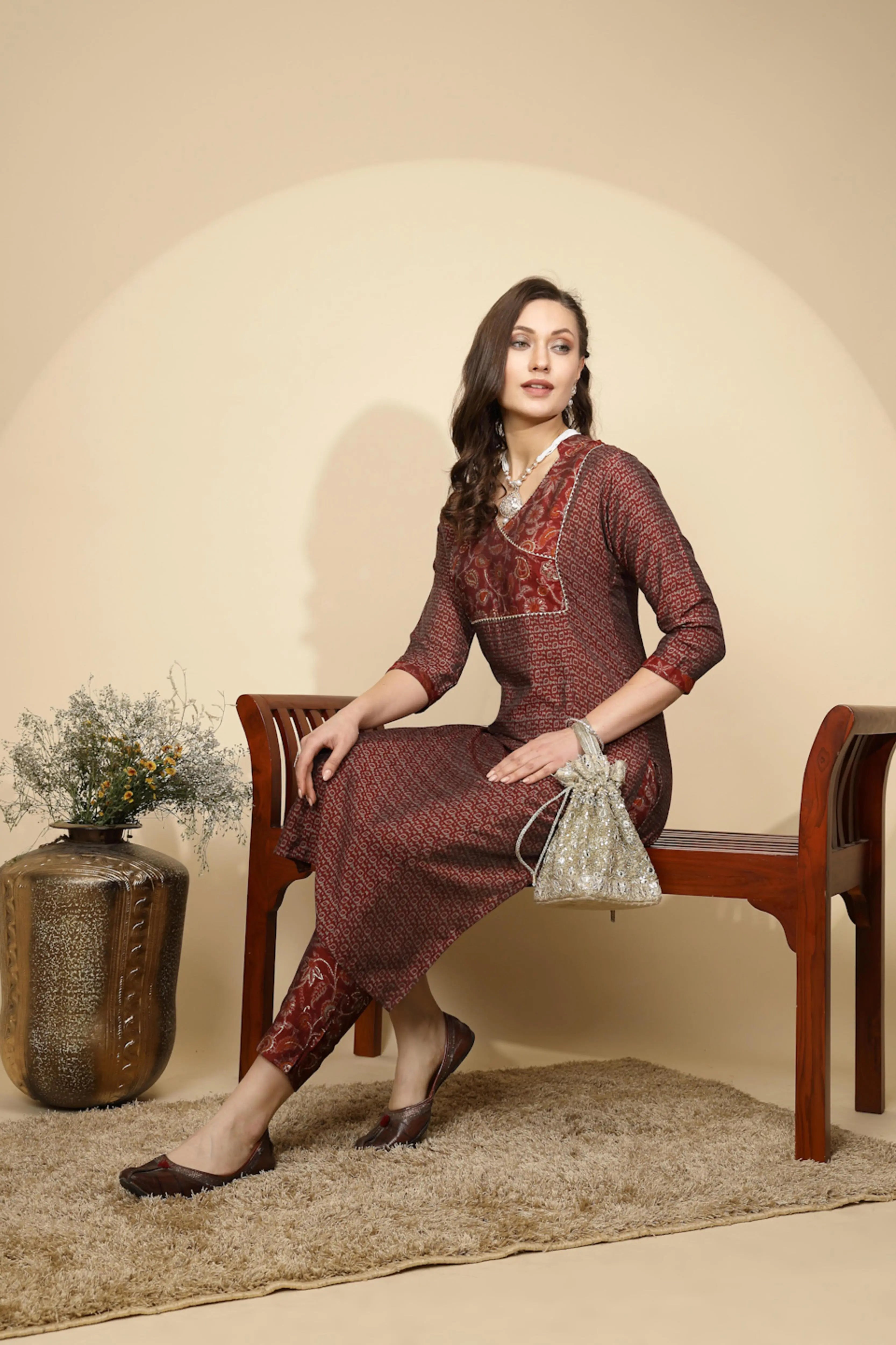Maroon Rayon Regular Fit Kurta Set For Women - Global Republic
