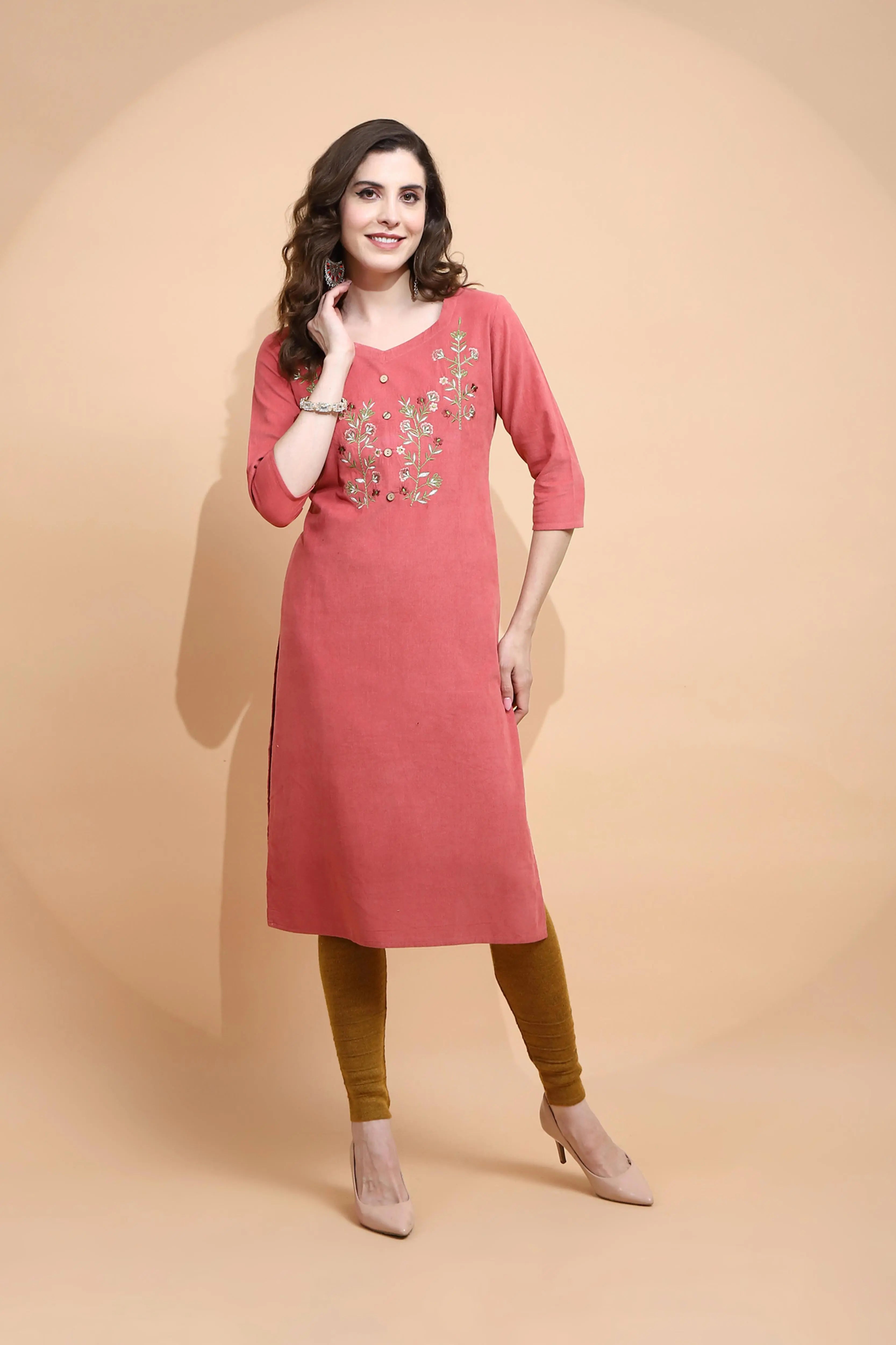 Rust Embroidered Cotton Blend Kurta - Global Republic