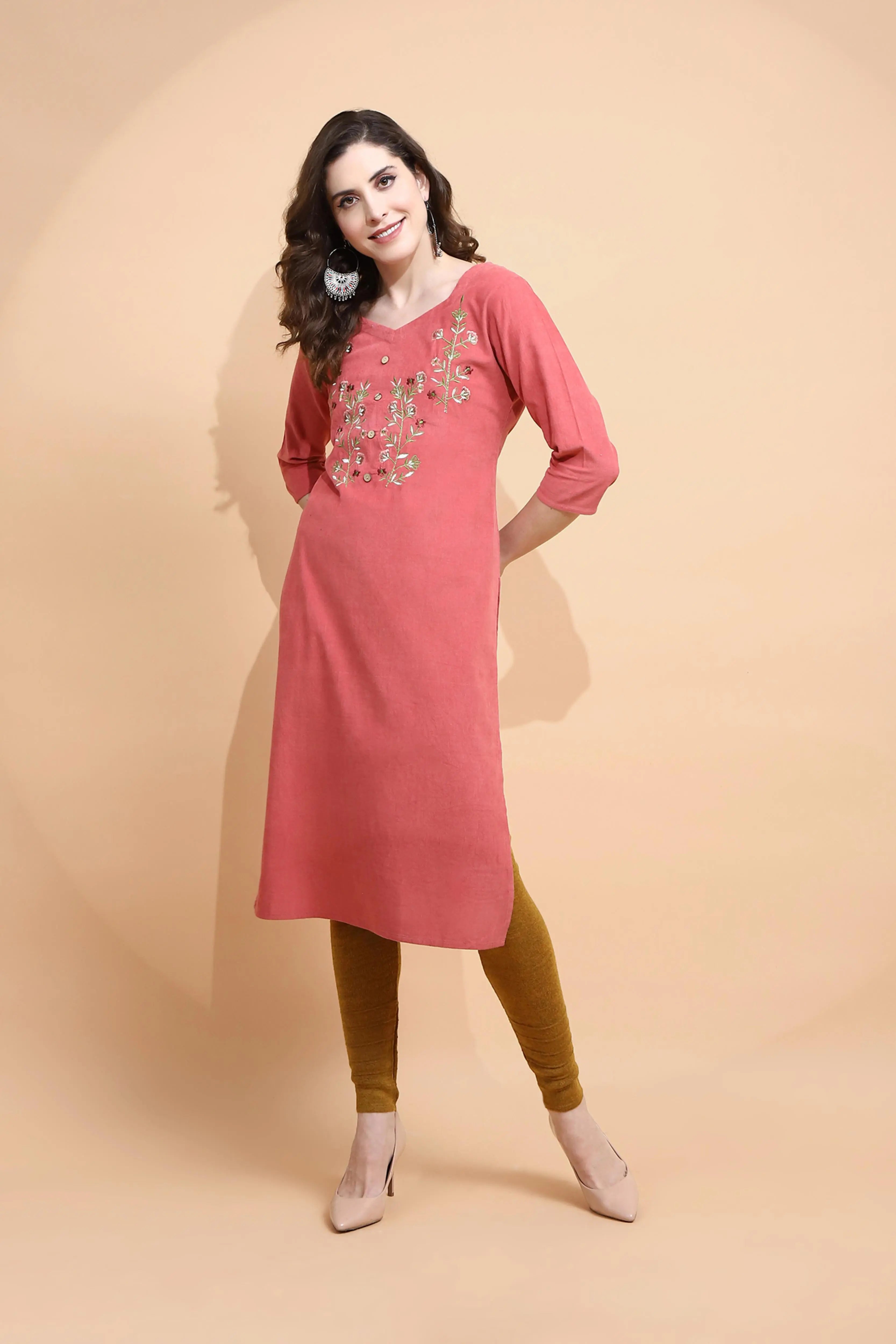 Rust Embroidered Cotton Blend Kurta - Global Republic