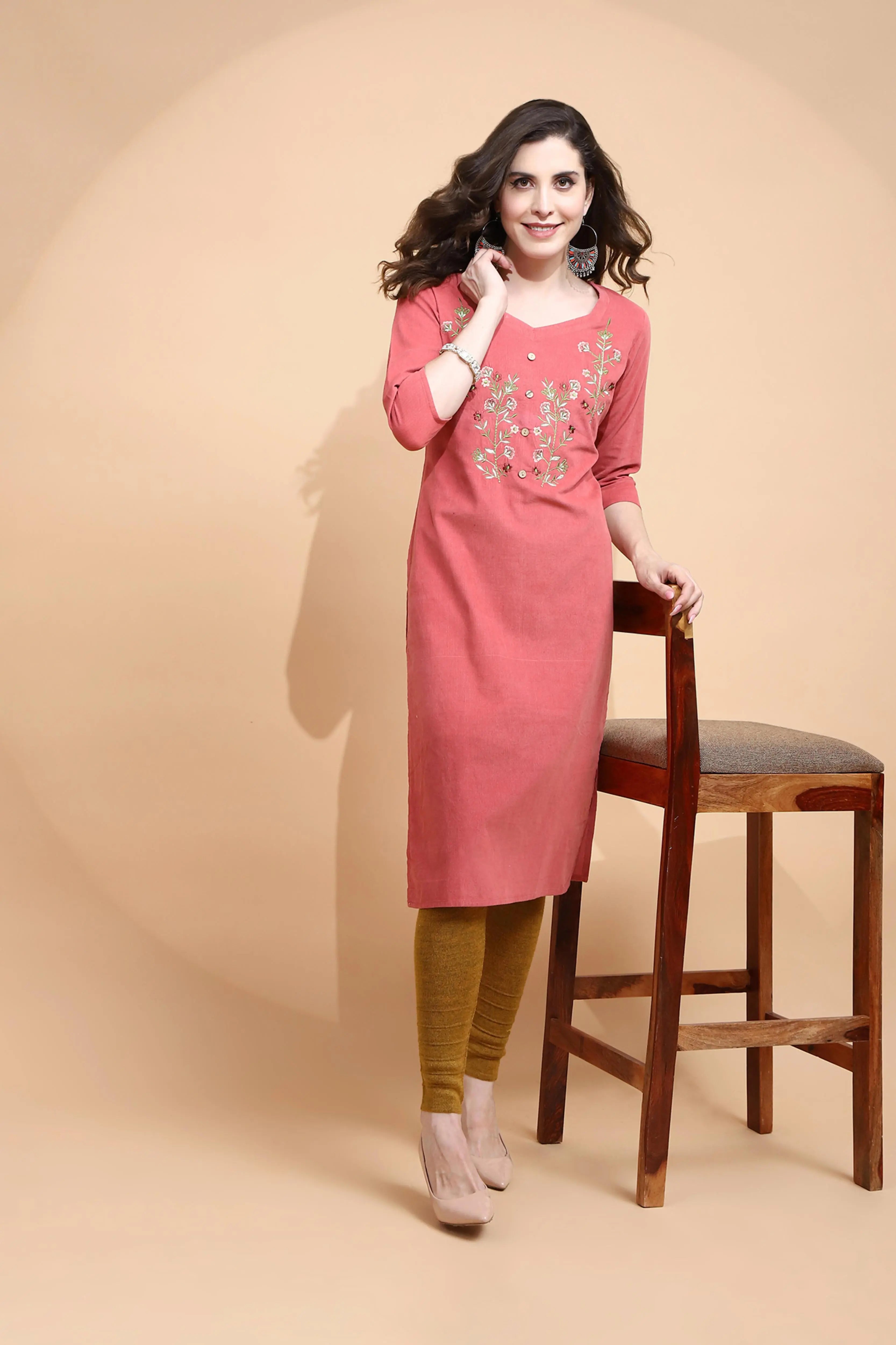 Rust Embroidered Cotton Blend Kurta