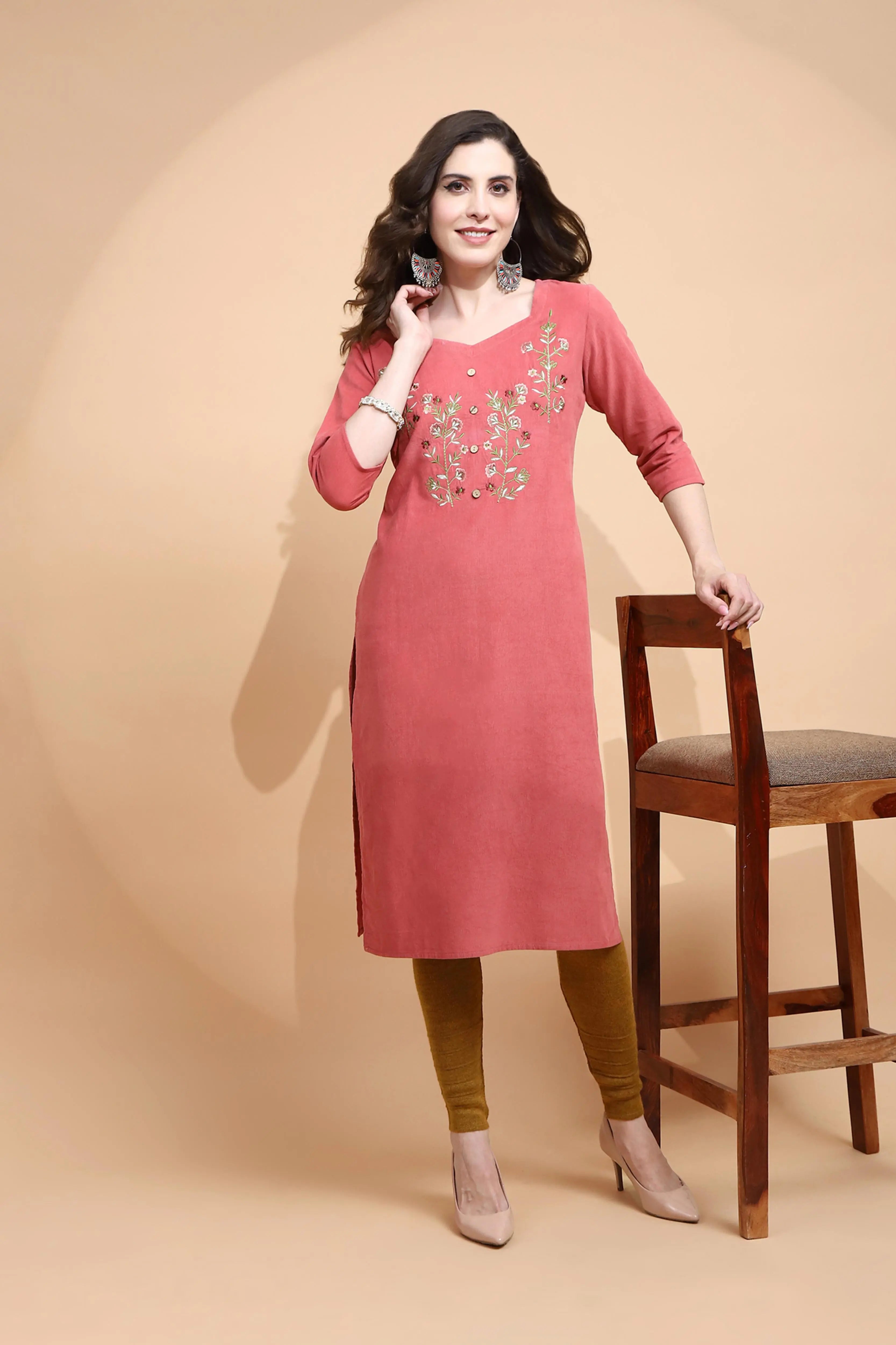 Rust Embroidered Cotton Blend Kurta