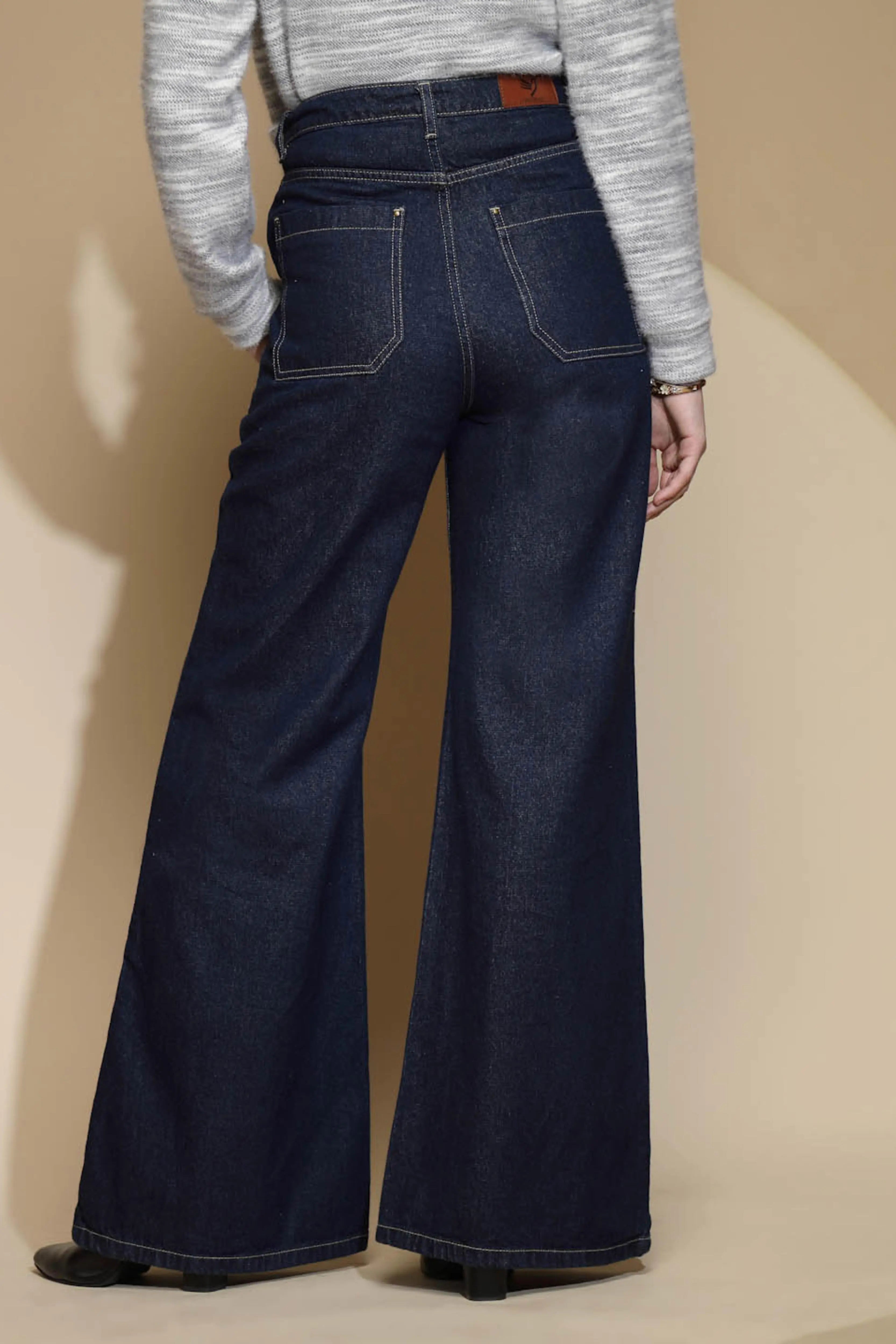 Women Dark Blue Contrast Stitch Wide Leg High Rise Jeans - Global Republic