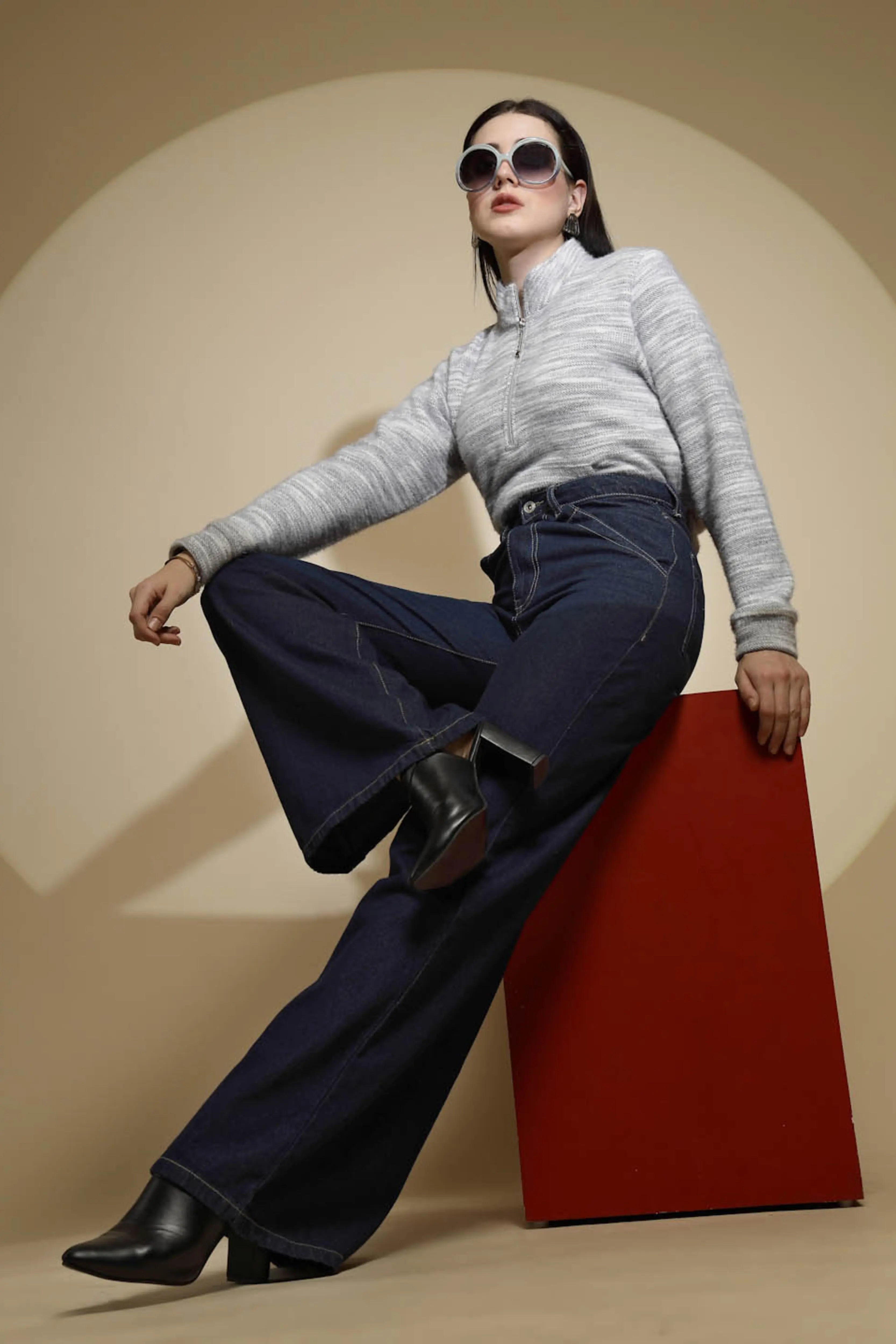 Women Dark Blue Contrast Stitch Wide Leg High Rise Jeans - Global Republic