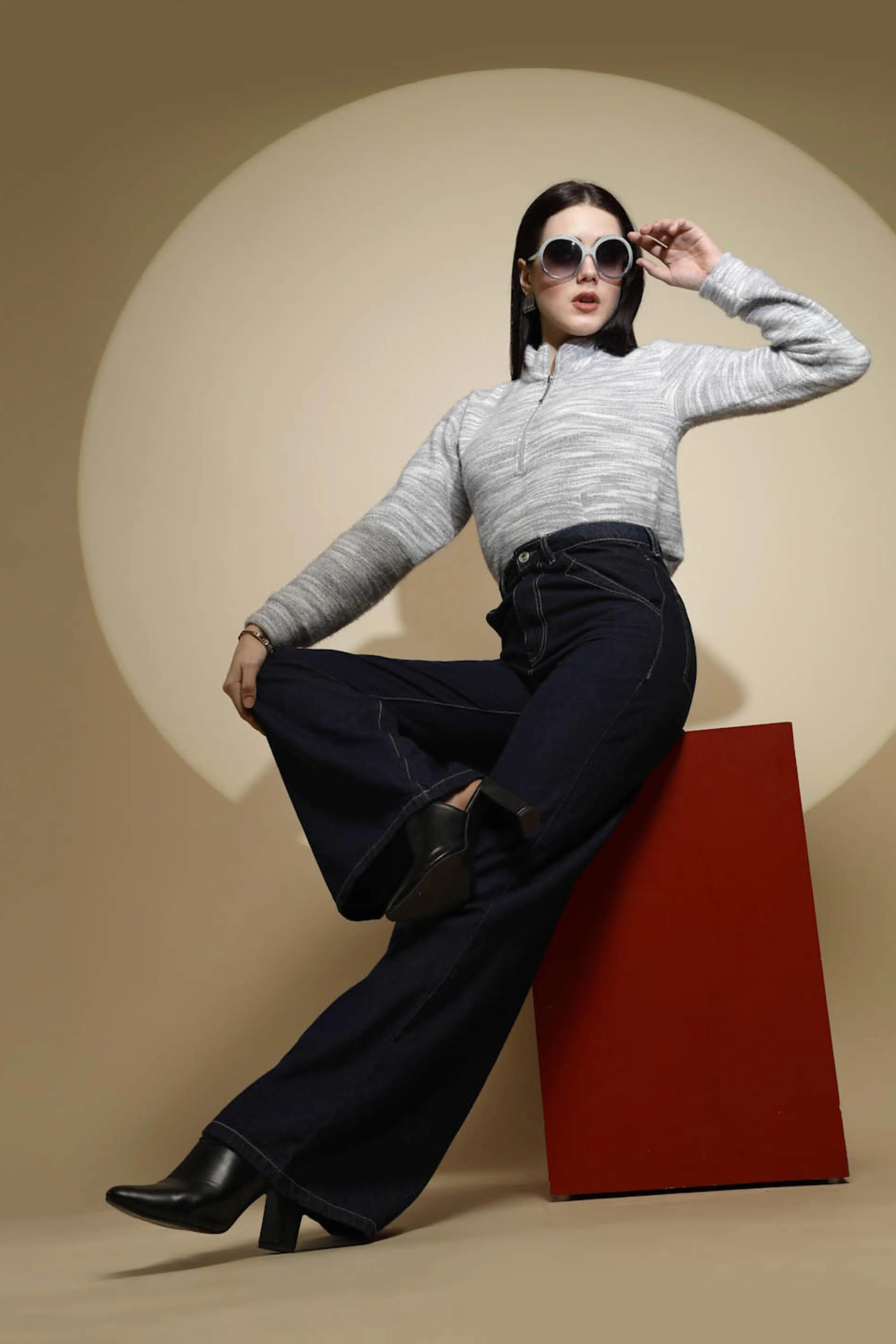 Women Dark Blue Contrast Stitch Wide Leg High Rise Jeans - Global Republic