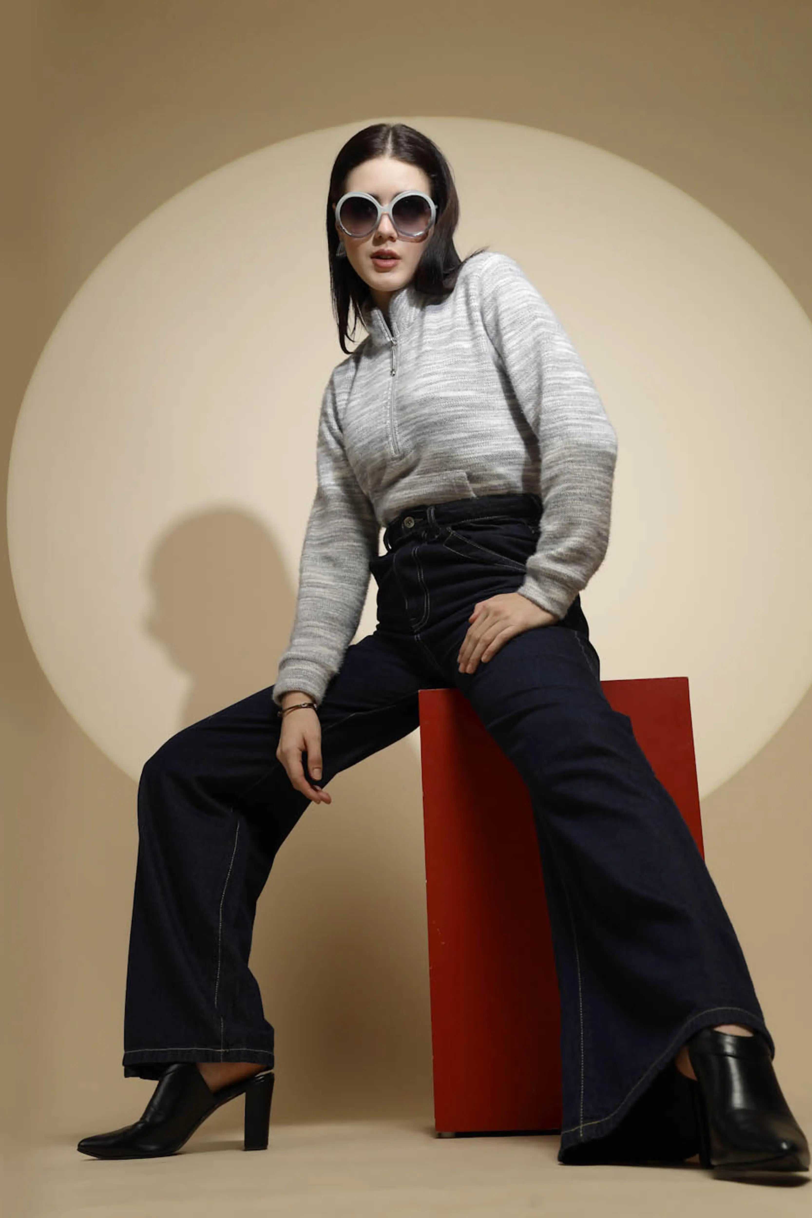 Dark Blue Contrast Stitch Wide Leg High Rise Jeans