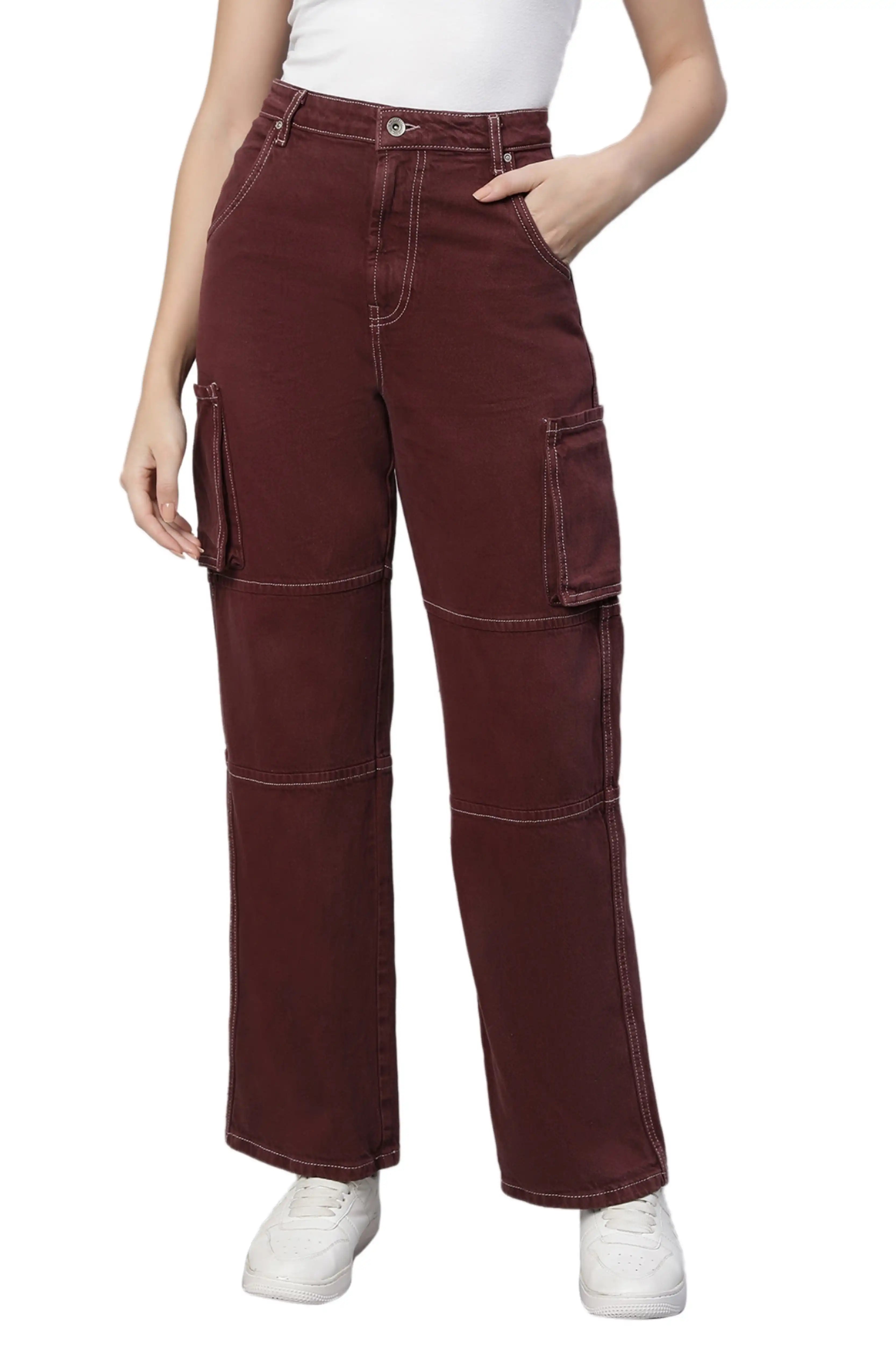 Wine Cargo Style Straight Leg Jeans