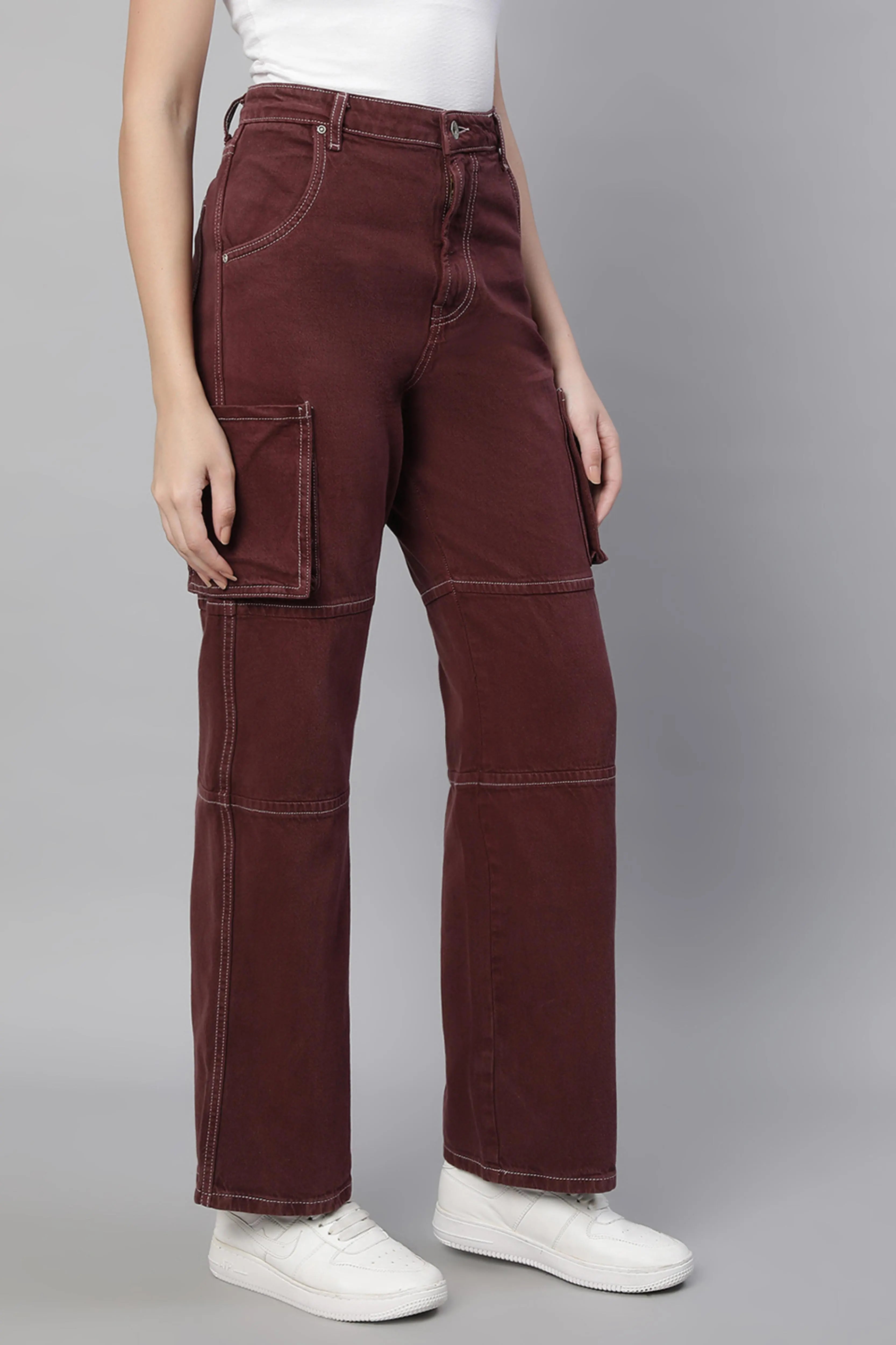 Wine Cargo Style Straight Leg Jeans