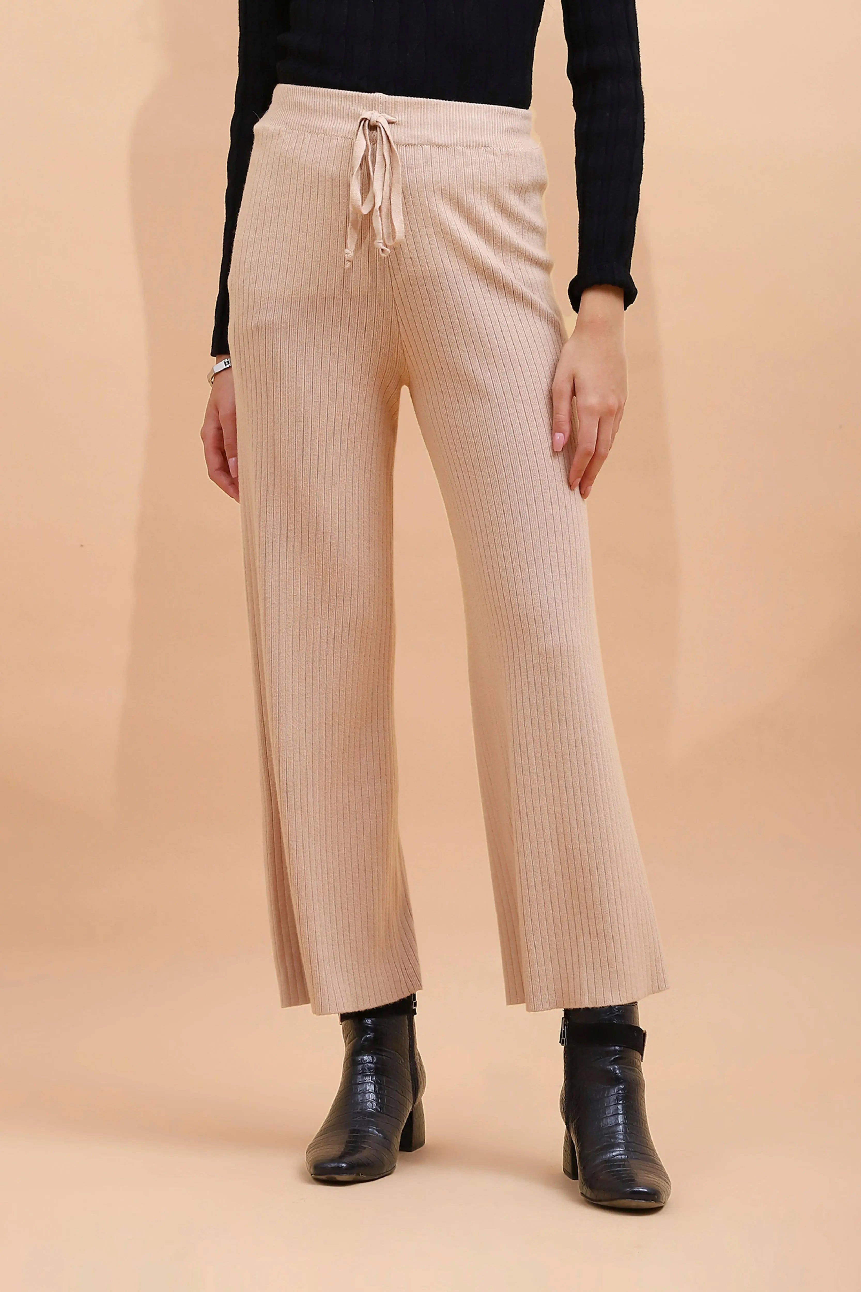 Beige Viscose Blend Solid Lower - Global Republic