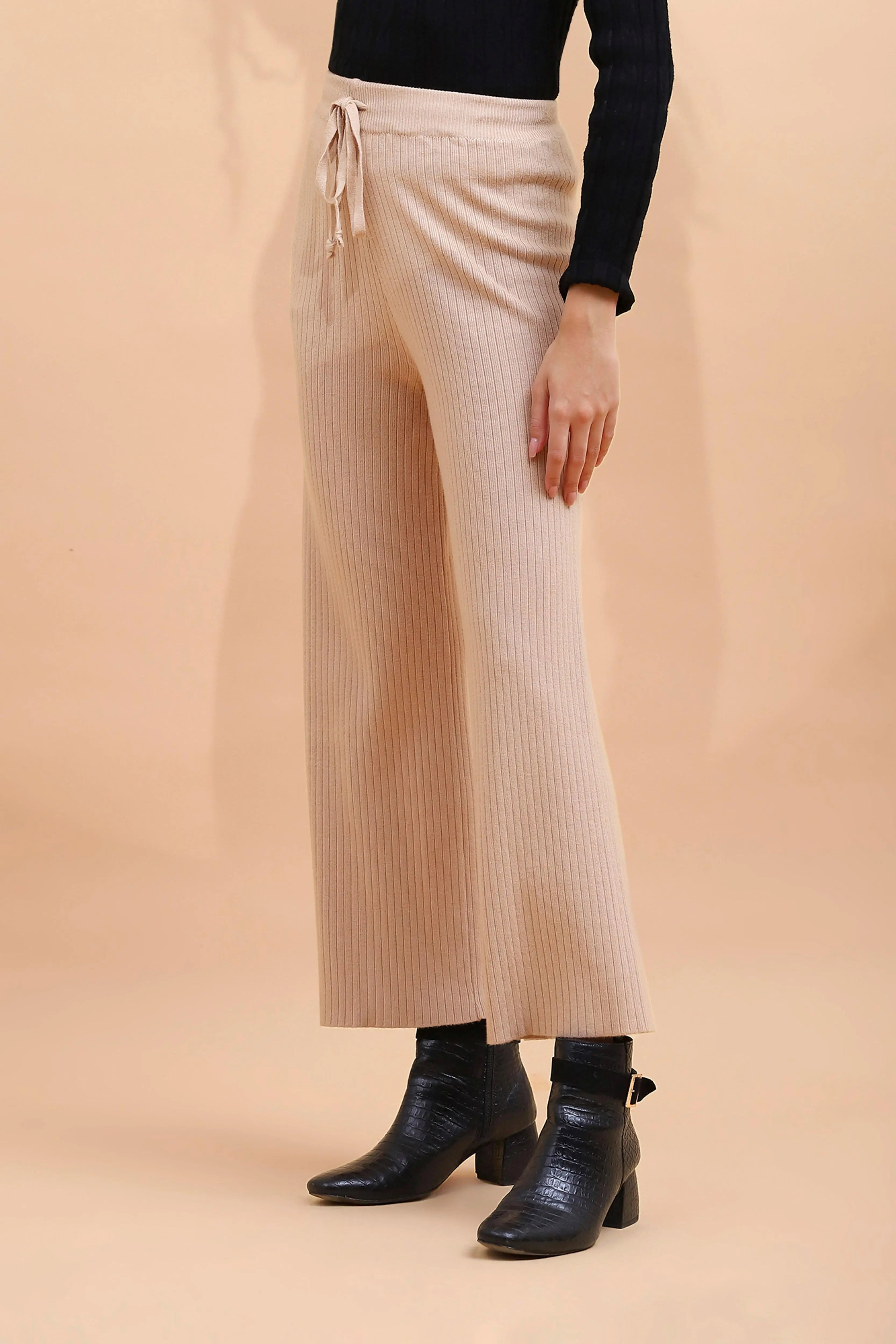 Beige Viscose Blend Solid Lower - Global Republic