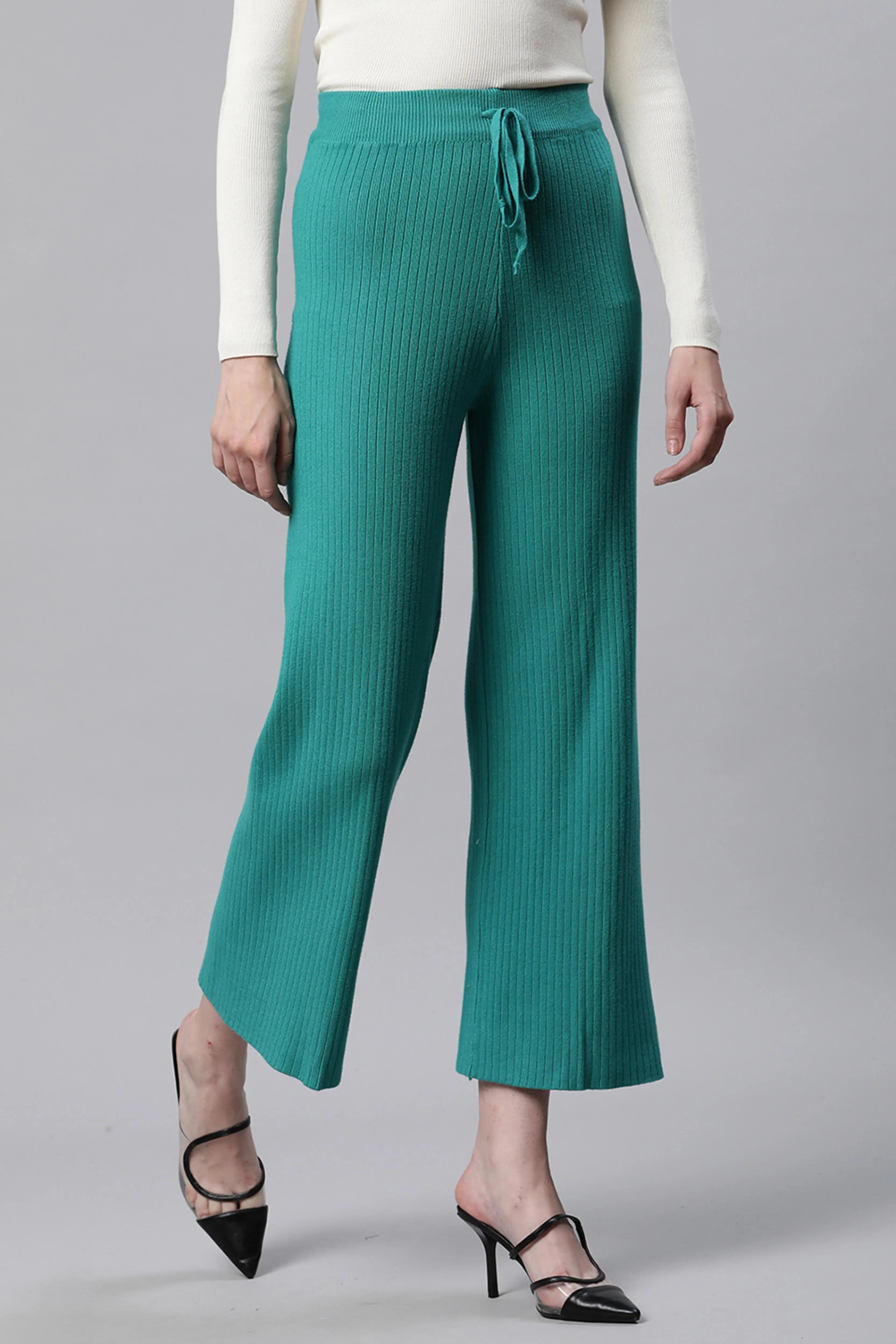 Rib Knit High Rise Green Flared Lower