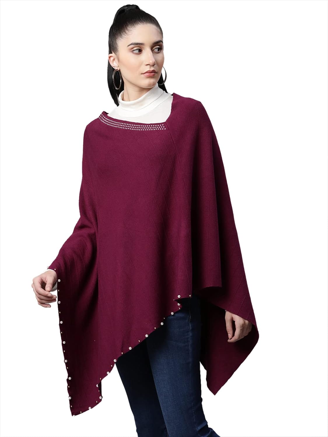 Women Solid Purple Woolen Loose Fit Casual Poncho - Global Republic