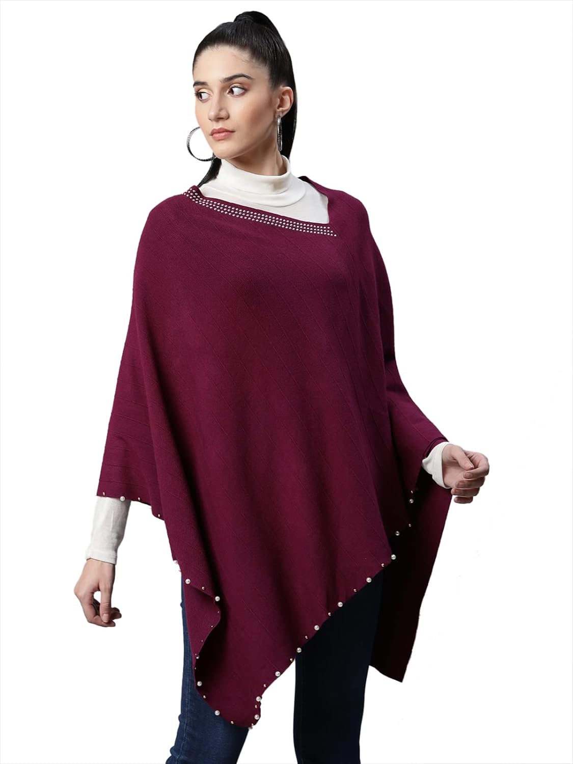 Women Solid Purple Woolen Loose Fit Casual Poncho - Global Republic