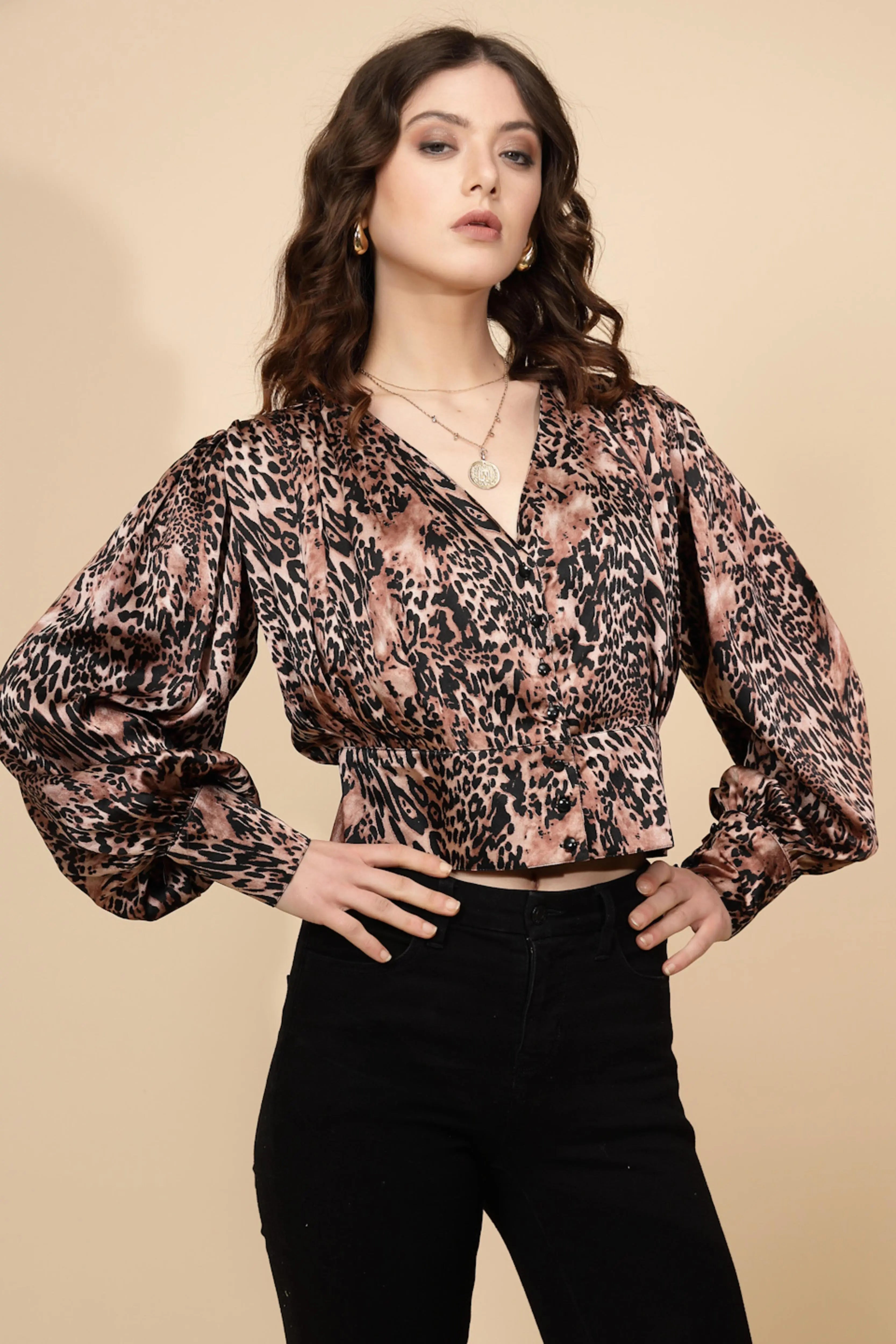 Brown cotton Blouson Top - Global Republic