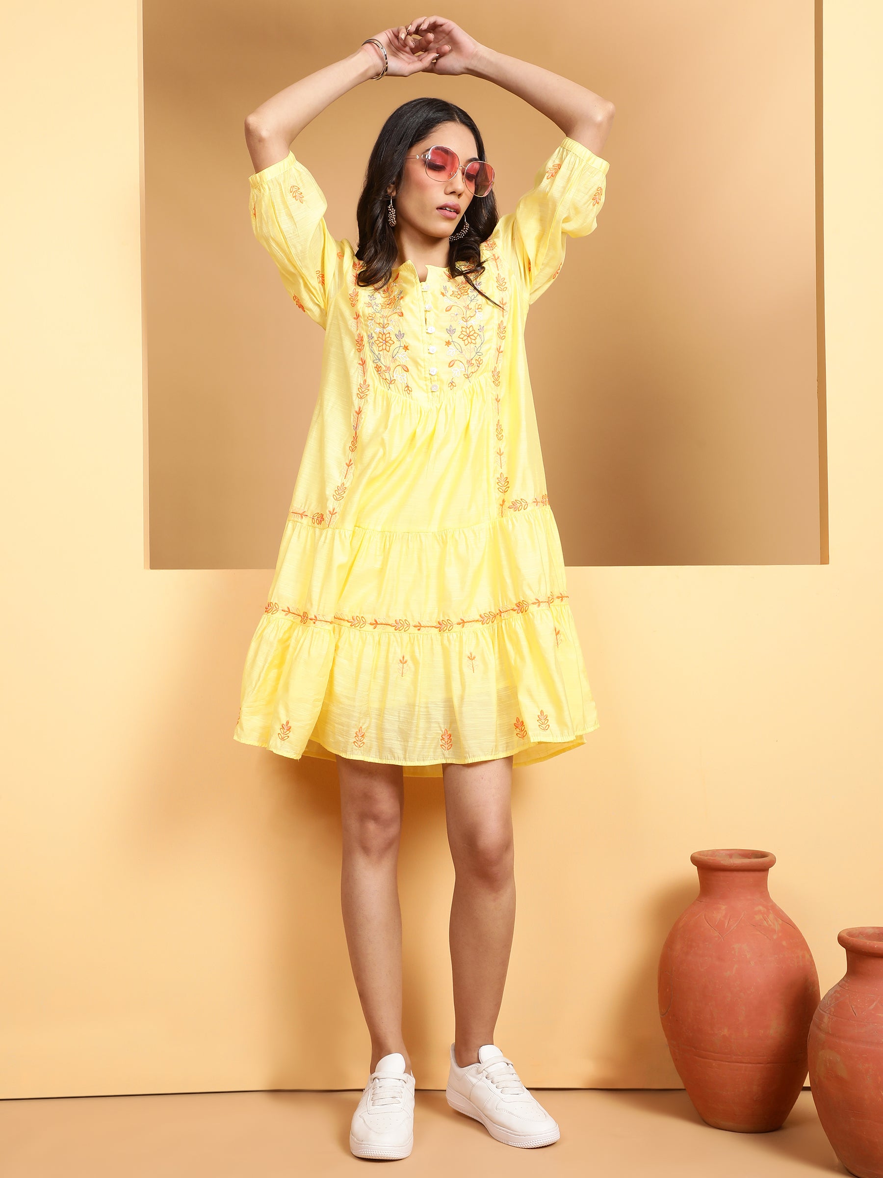 Women Mustard Round Neck Solid Dress - Global Republic