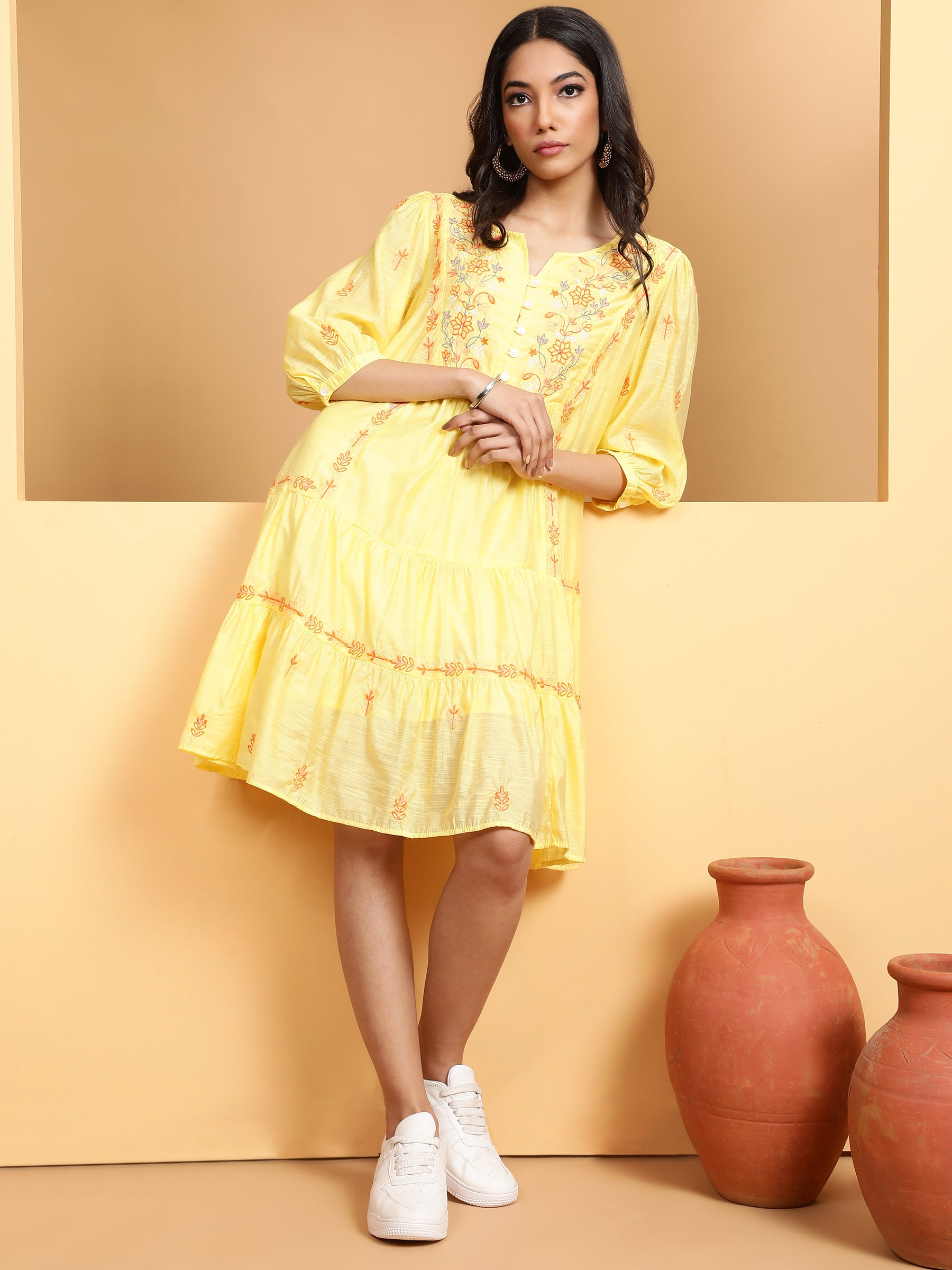 Women Mustard Round Neck Solid Dress - Global Republic