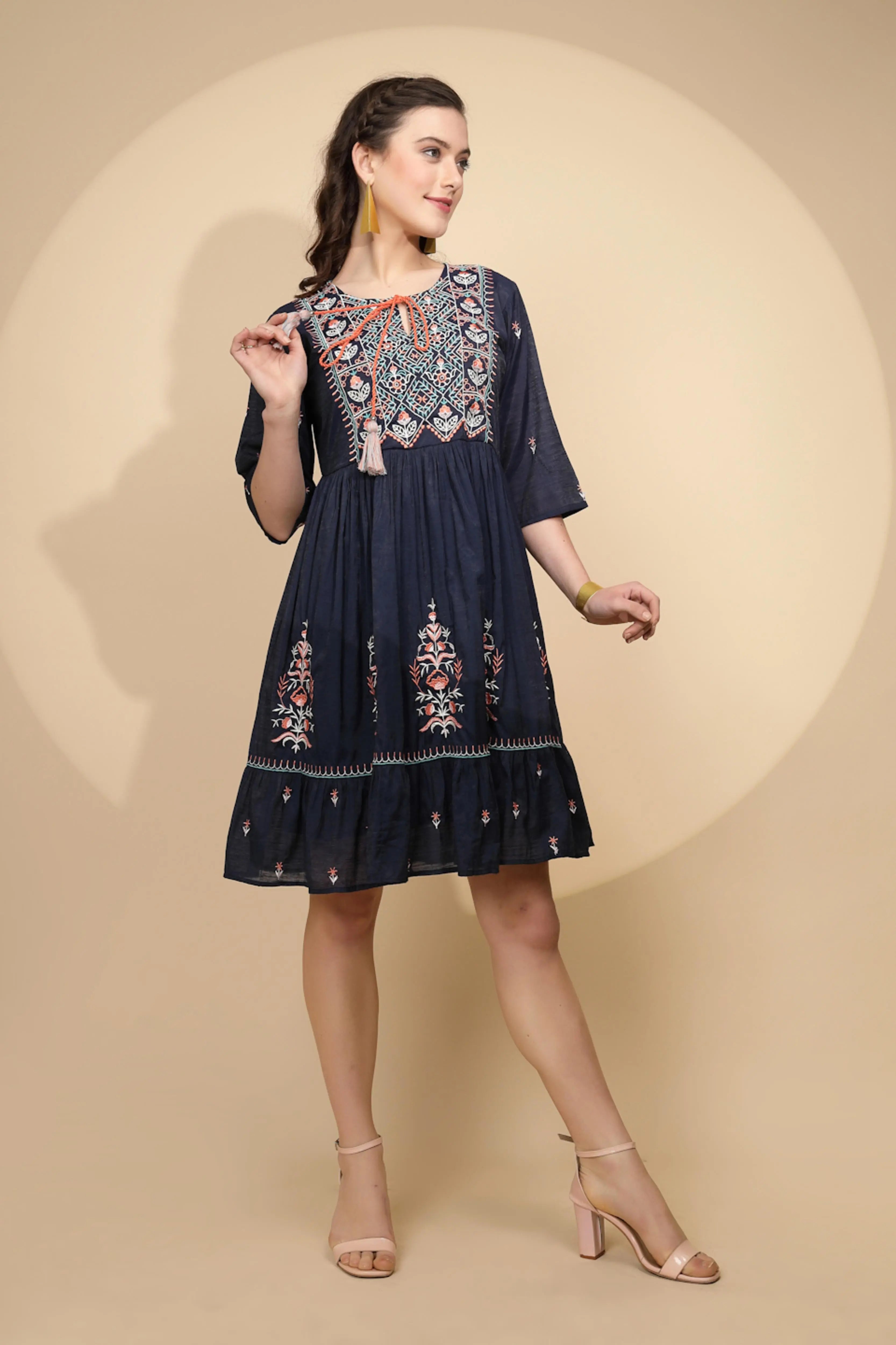 Navy Cotton Regular Fit Dress For Women - Global Republic