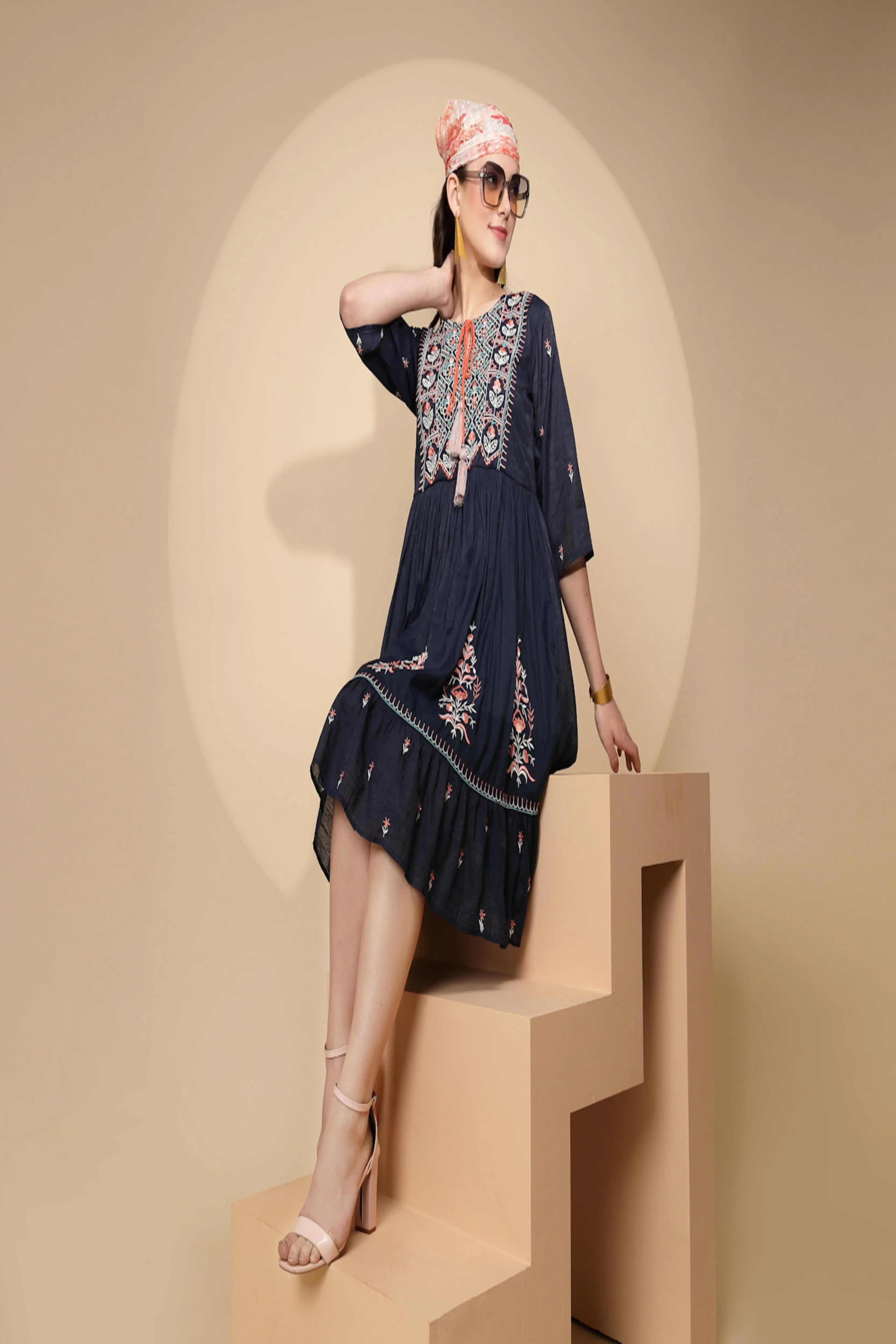 Navy Cotton Regular Fit Dress For Women - Global Republic