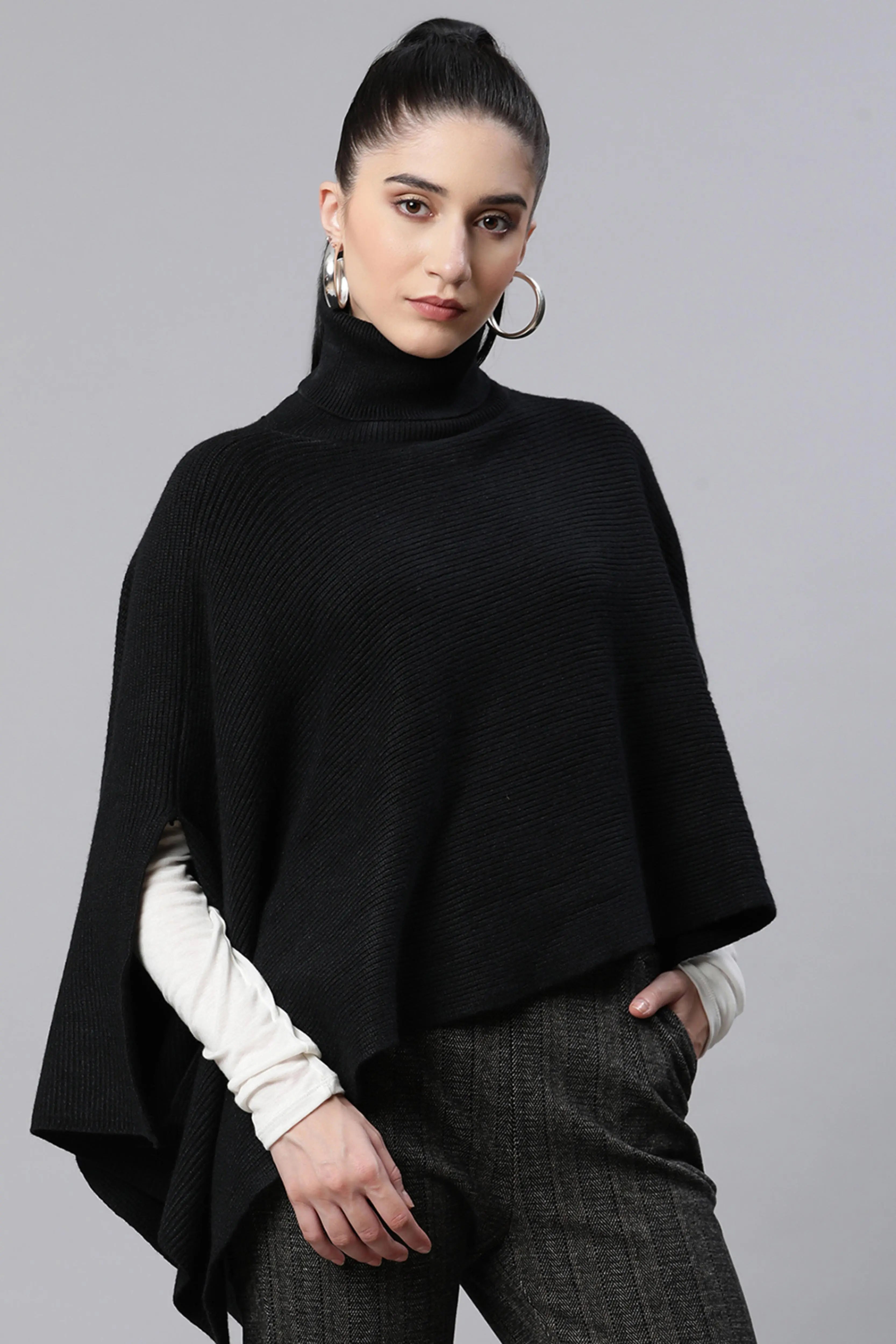Black Solid Loose Fit Poncho - Global Republic