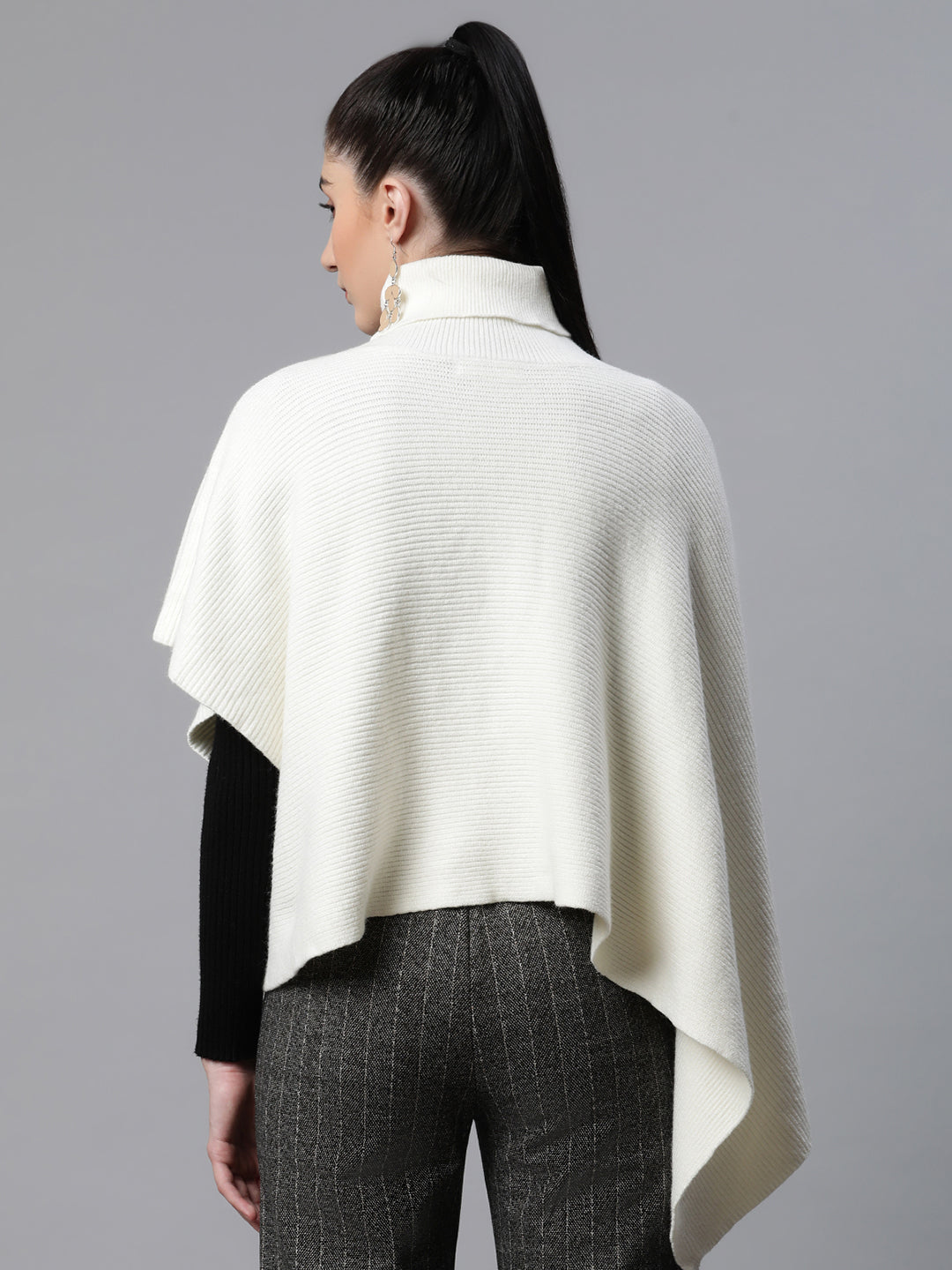 Off-White Woolen Loose Fit Casual Ponchu