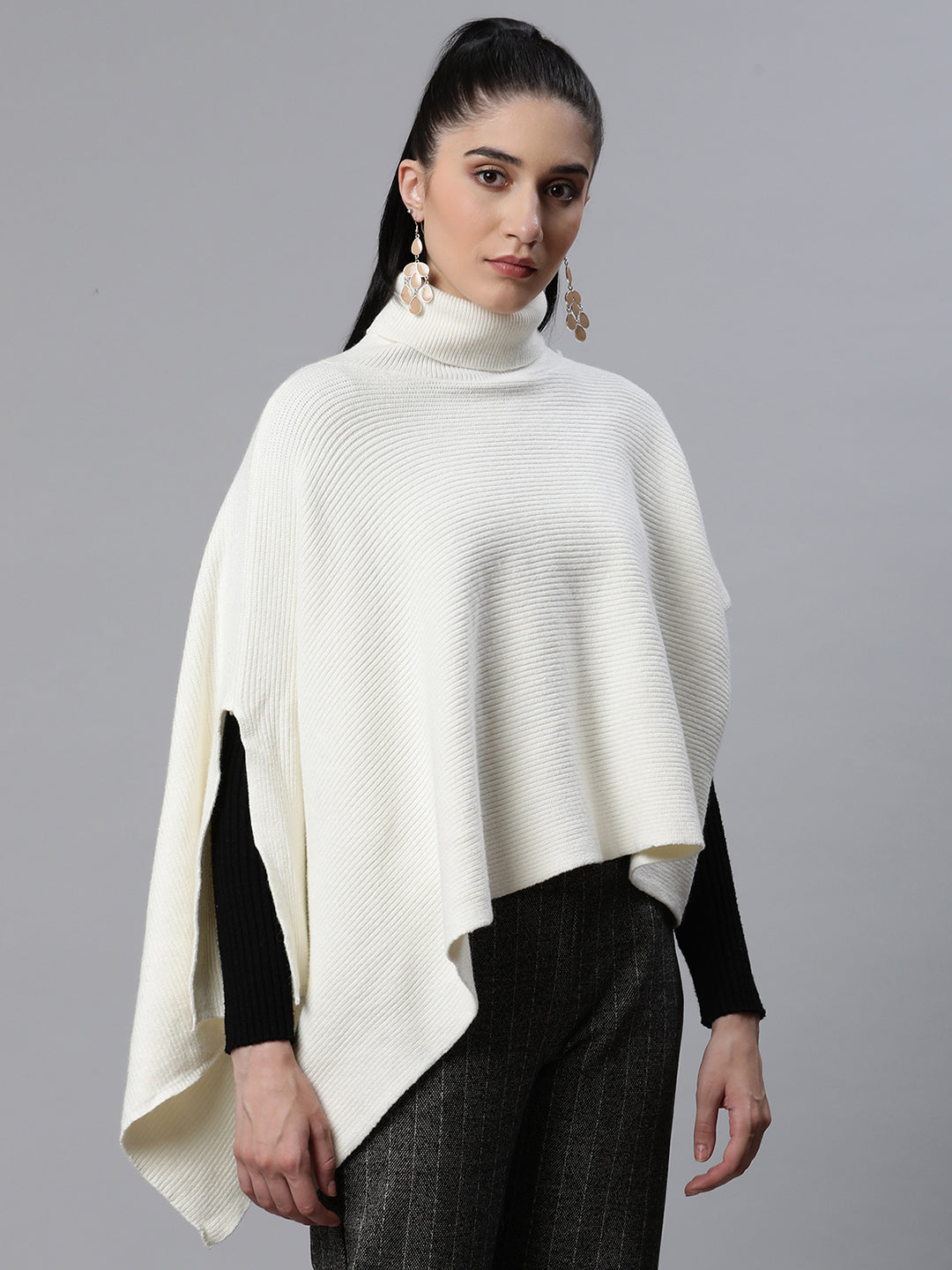 Women Solid Off-White Woolen Loose Fit Casual Poncho - Global Republic