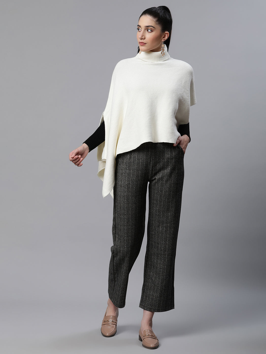 Women Solid Off-White Woolen Loose Fit Casual Poncho - Global Republic