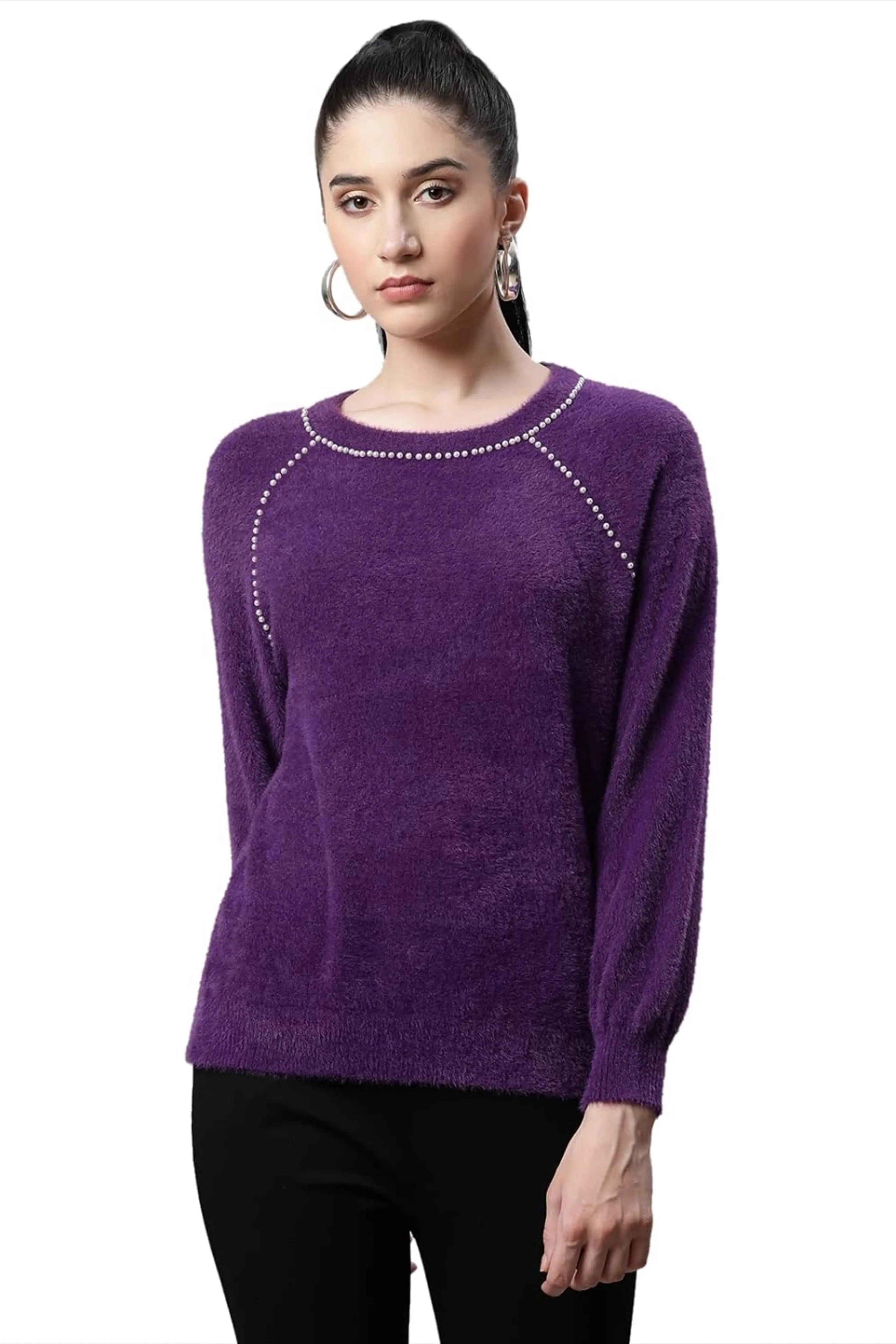 Buy Online  Women Embellished Mulberry Woolen Casual 