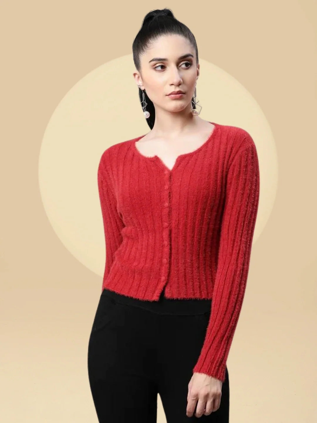 Women Feather Wine Knit Regular Fit Casual Cardigan - Global Republic