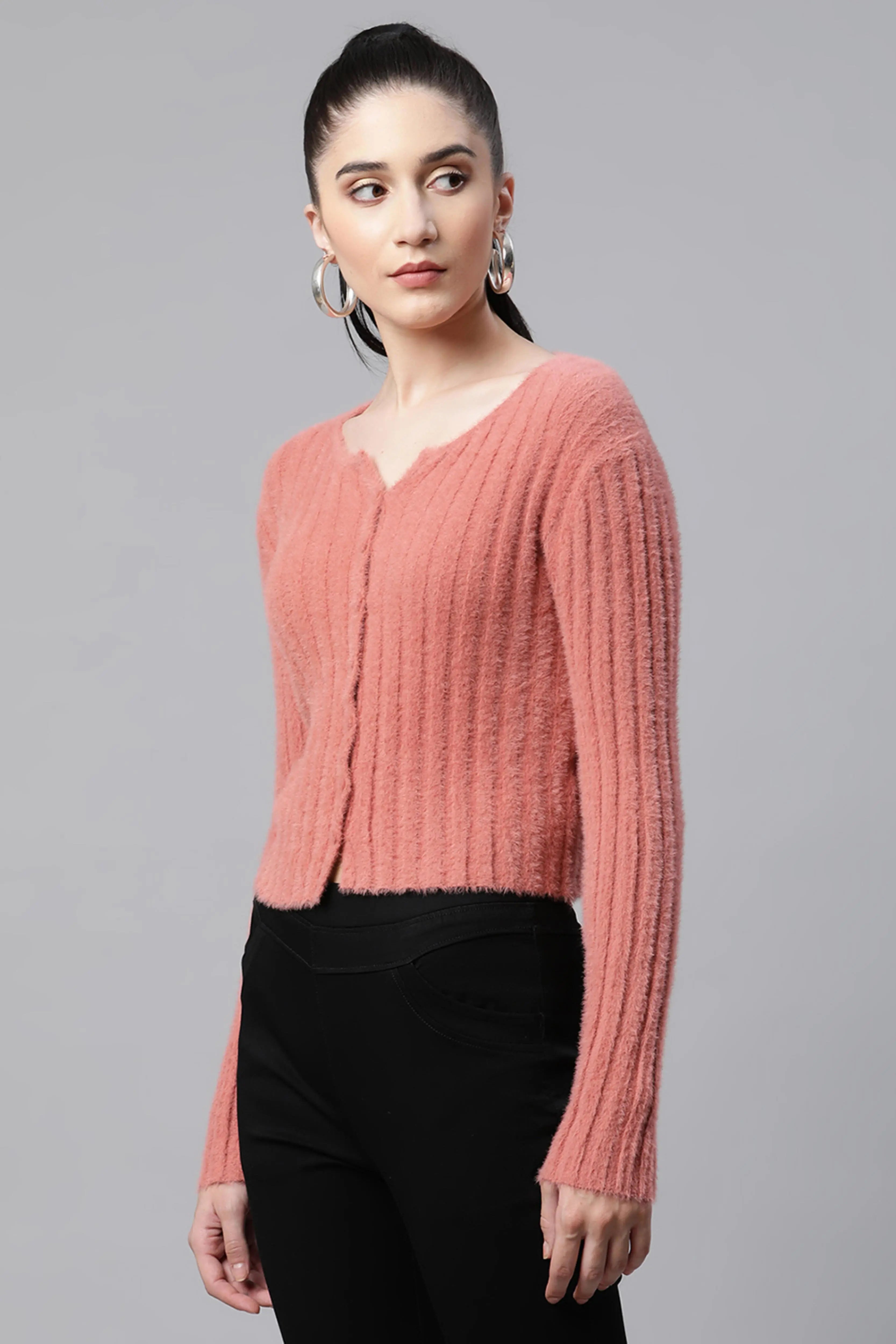 Feather Blush Pink Knit Slim Fit Casual Cardigan