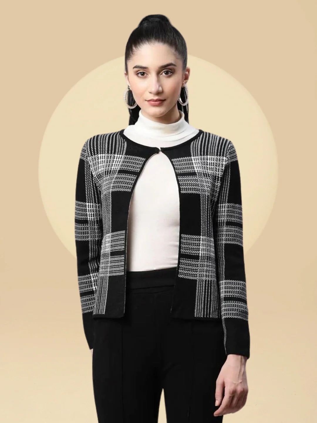 Women Checkered Black Slim Fit Casual Cardigan - Global Republic