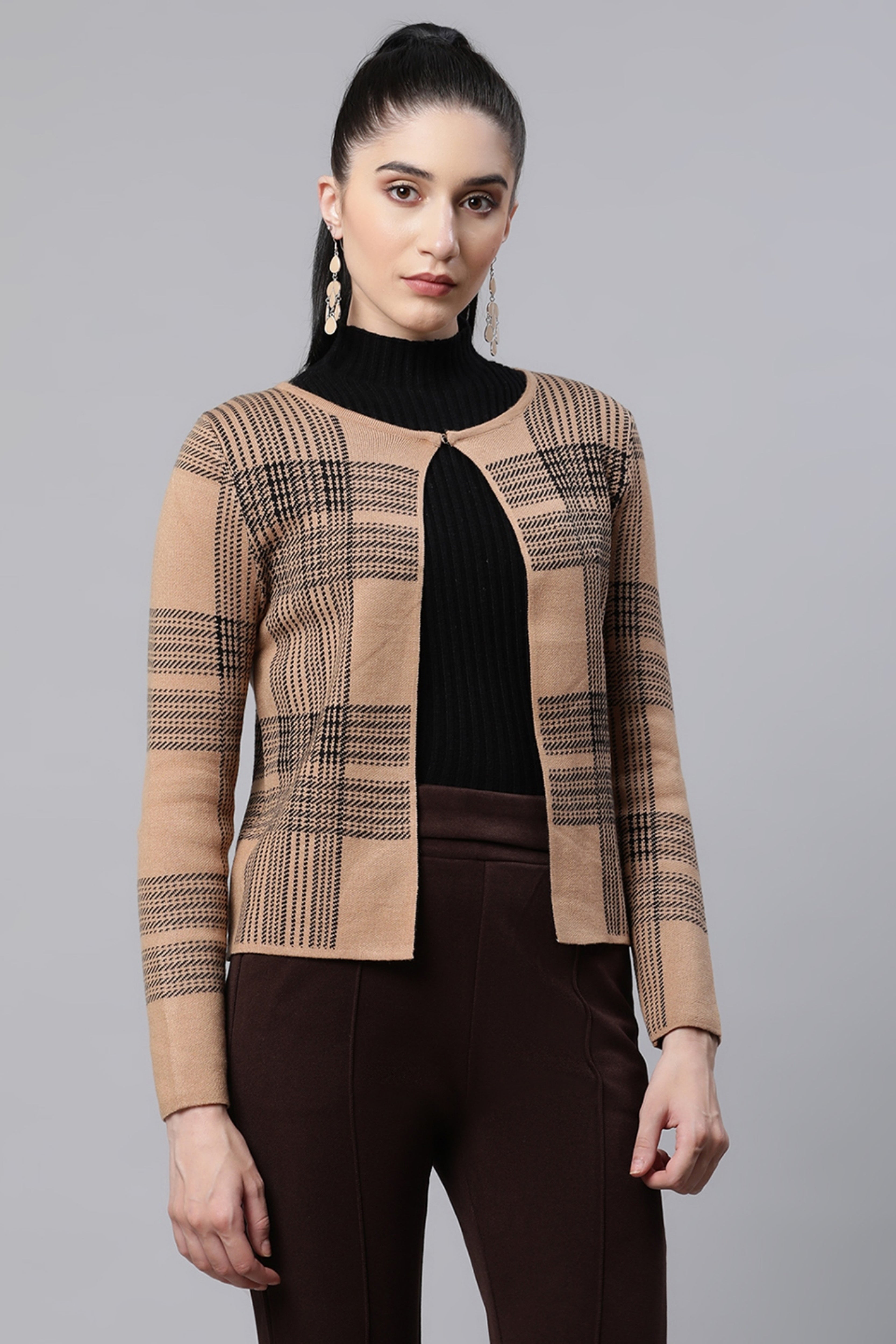 Beige Checkered Cardigan