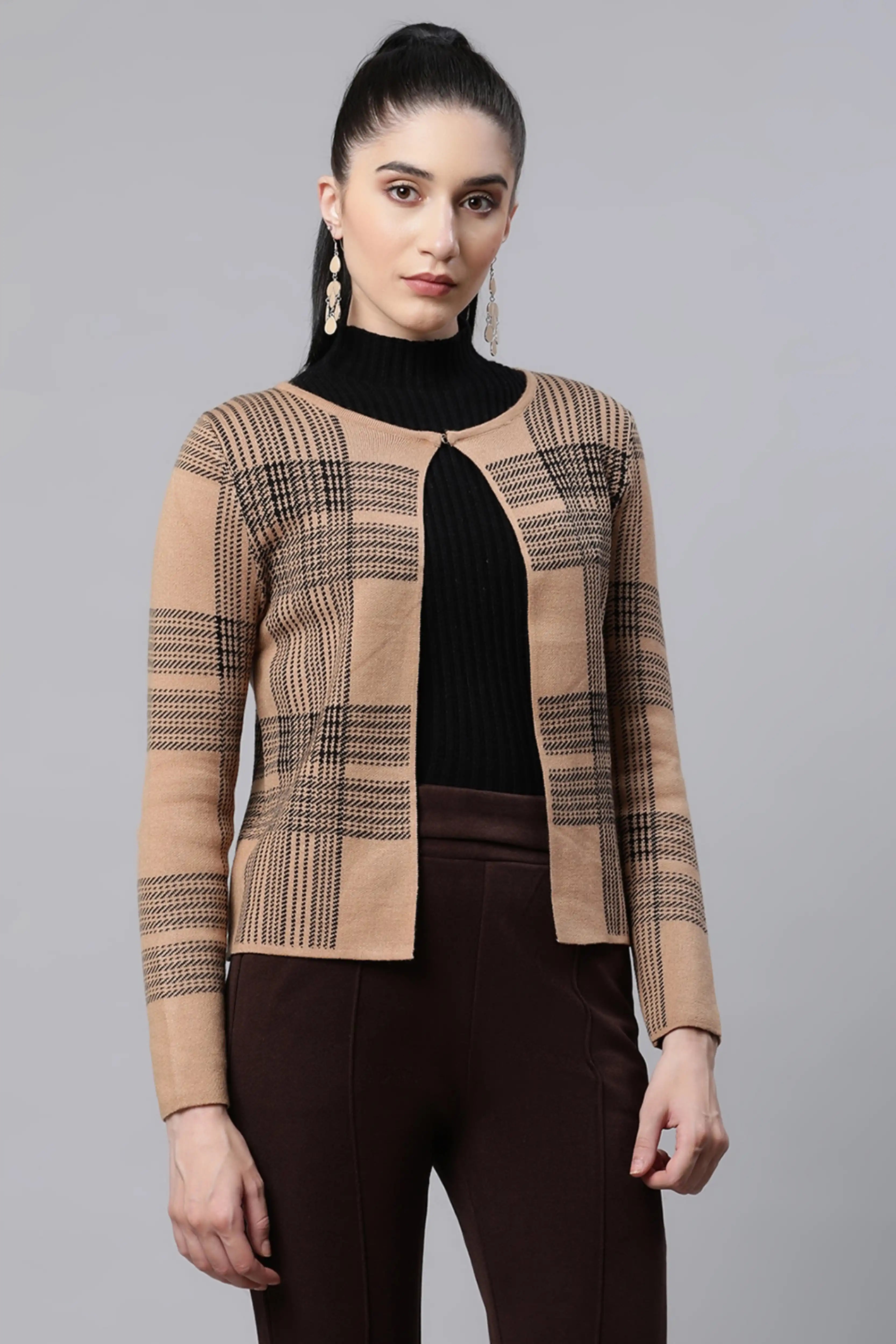 Beige Checkered Cardigan