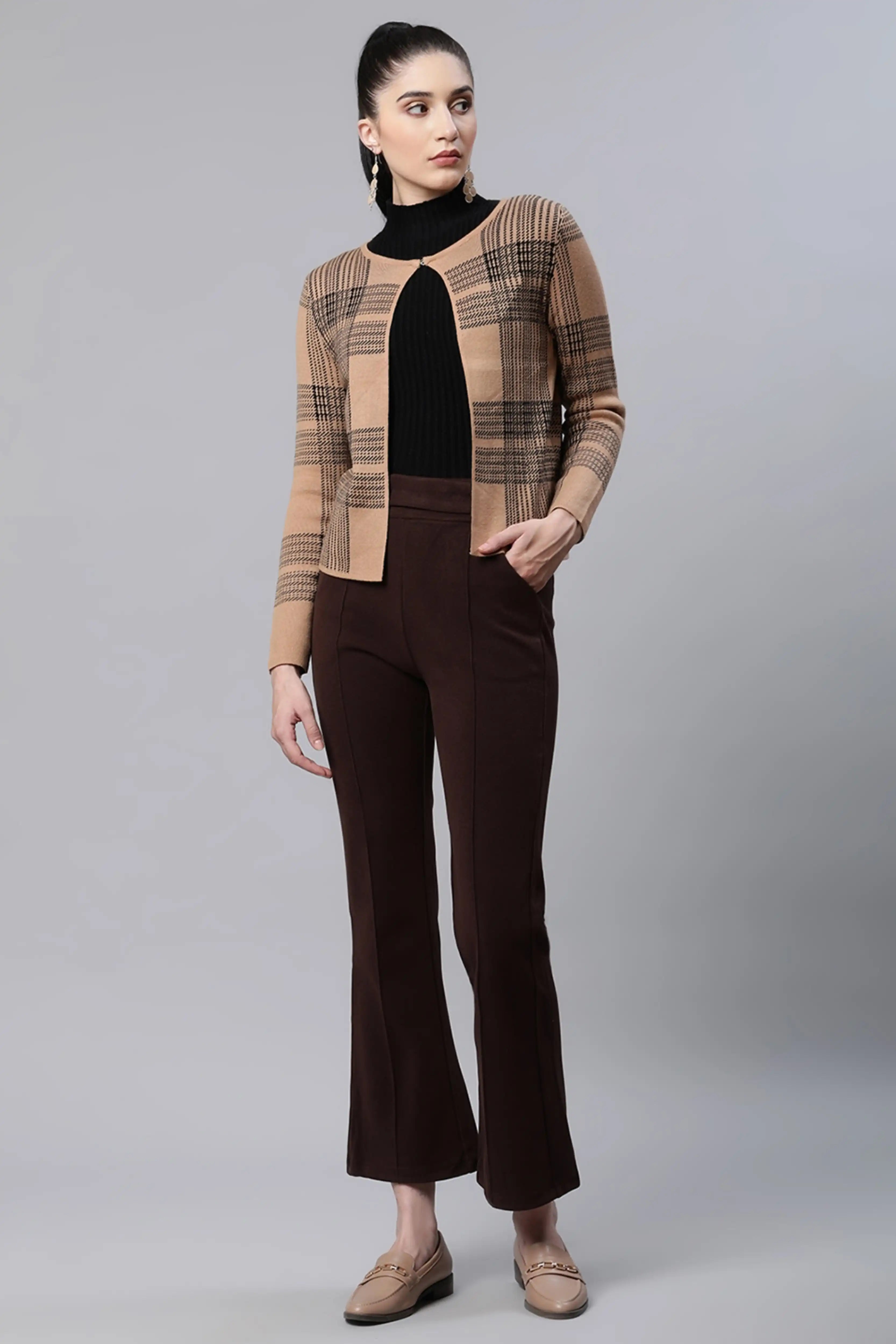 Beige Checkered Cardigan