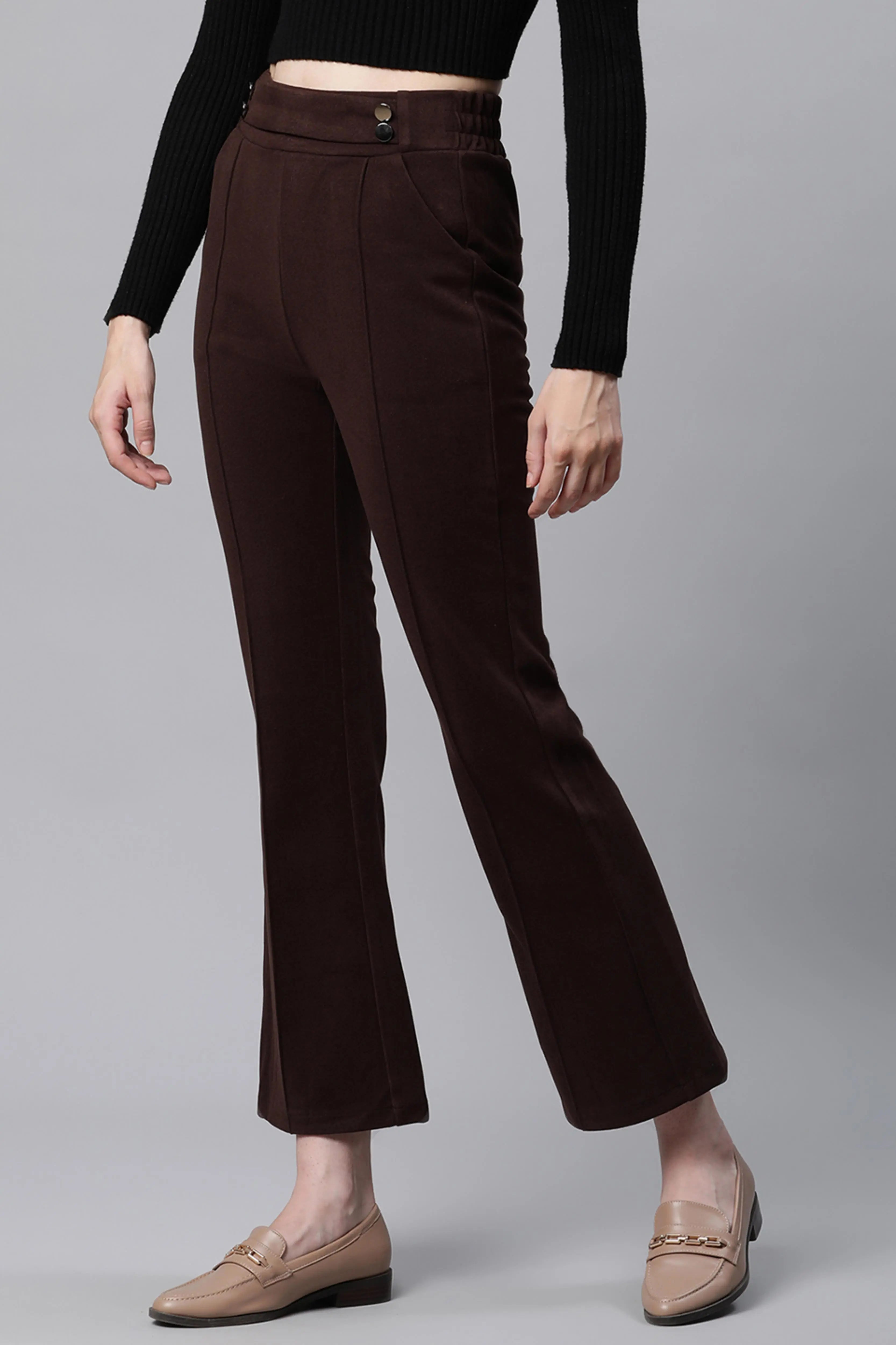 Solid High Rise Brown Flared Trousers