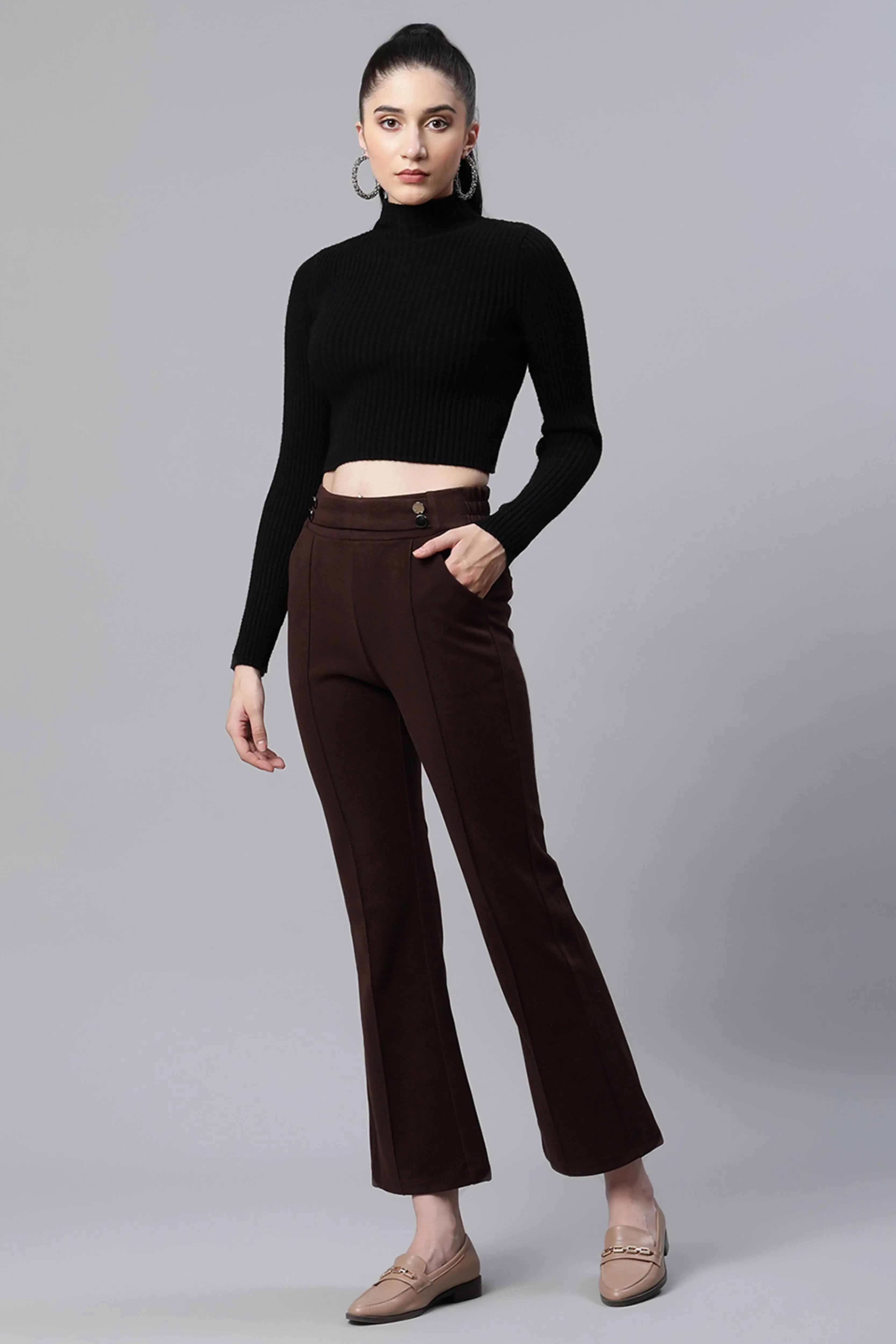 Solid High Rise Brown Flared Trousers