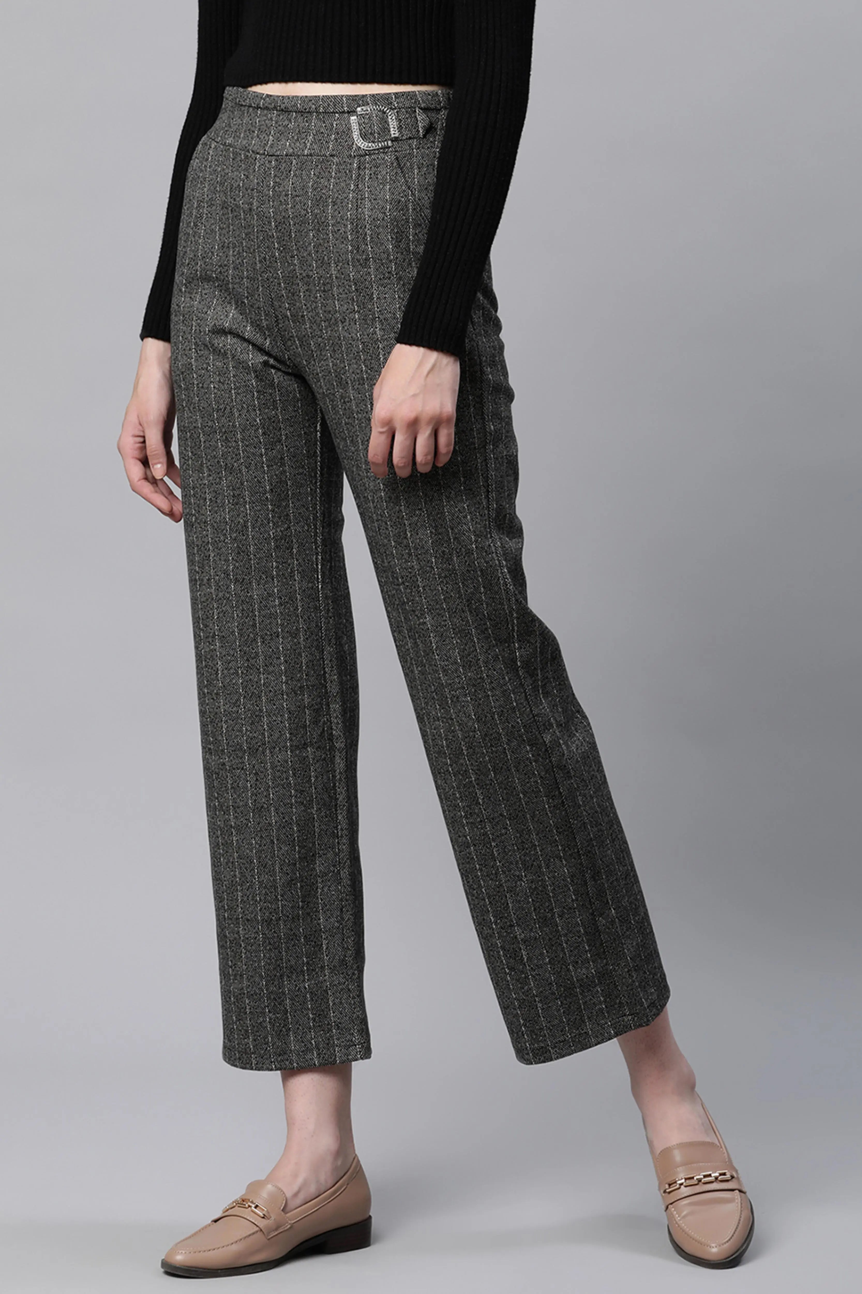 Striped High Rise Brown Straight Trousers